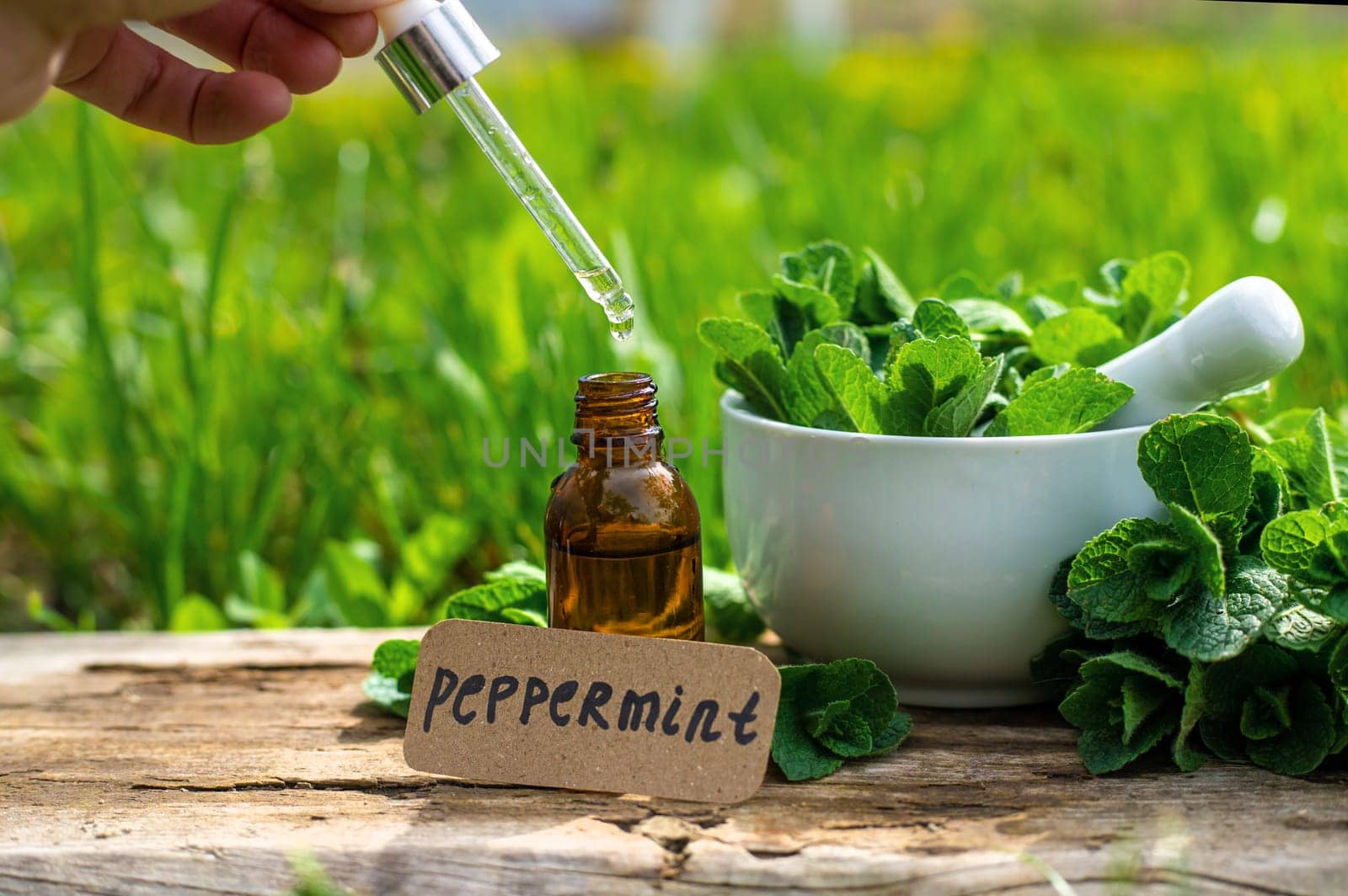 Peppermint extract essential oil and supplements. Selective focus. nature.