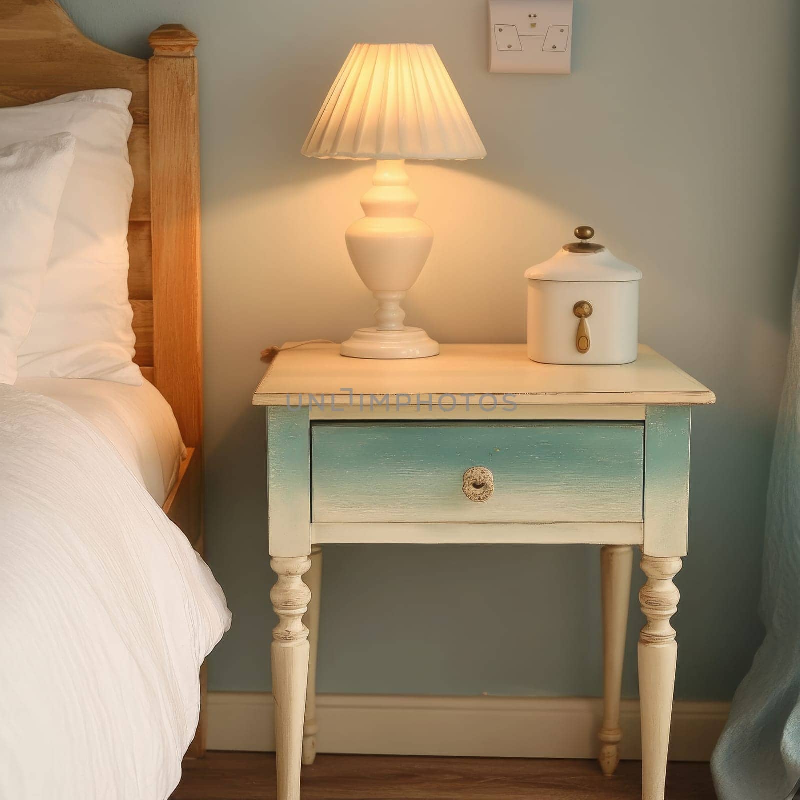 A beautifully painted nightstand features a soft lamp, a decorative box, and subtle color gradients. The warm light enhances the inviting atmosphere of the cozy bedroom.