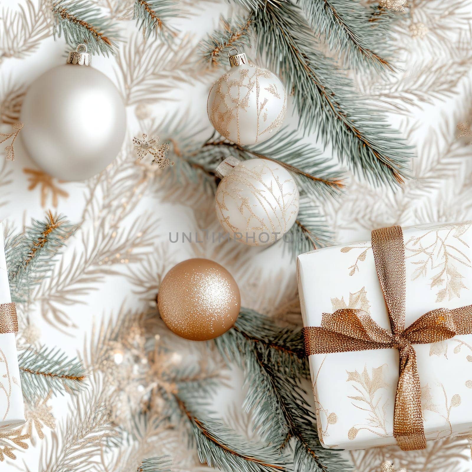 A decorative Christmas gift box sits among sparkling ornaments and lush fir branches, creating a warm and inviting holiday atmosphere perfect for celebration and joy.