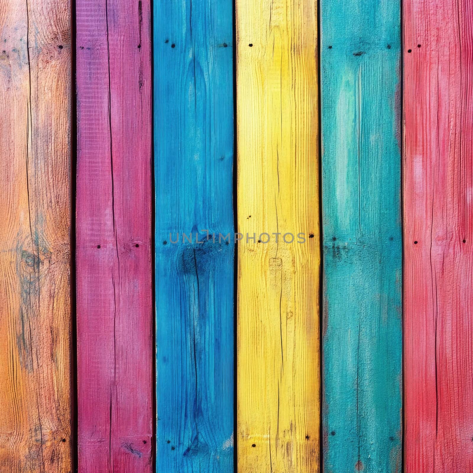 Colorful wooden planks are arranged vertically, featuring vivid shades of pink, blue, yellow, and orange. This backdrop adds a cheerful touch to any artistic endeavor or presentation.
