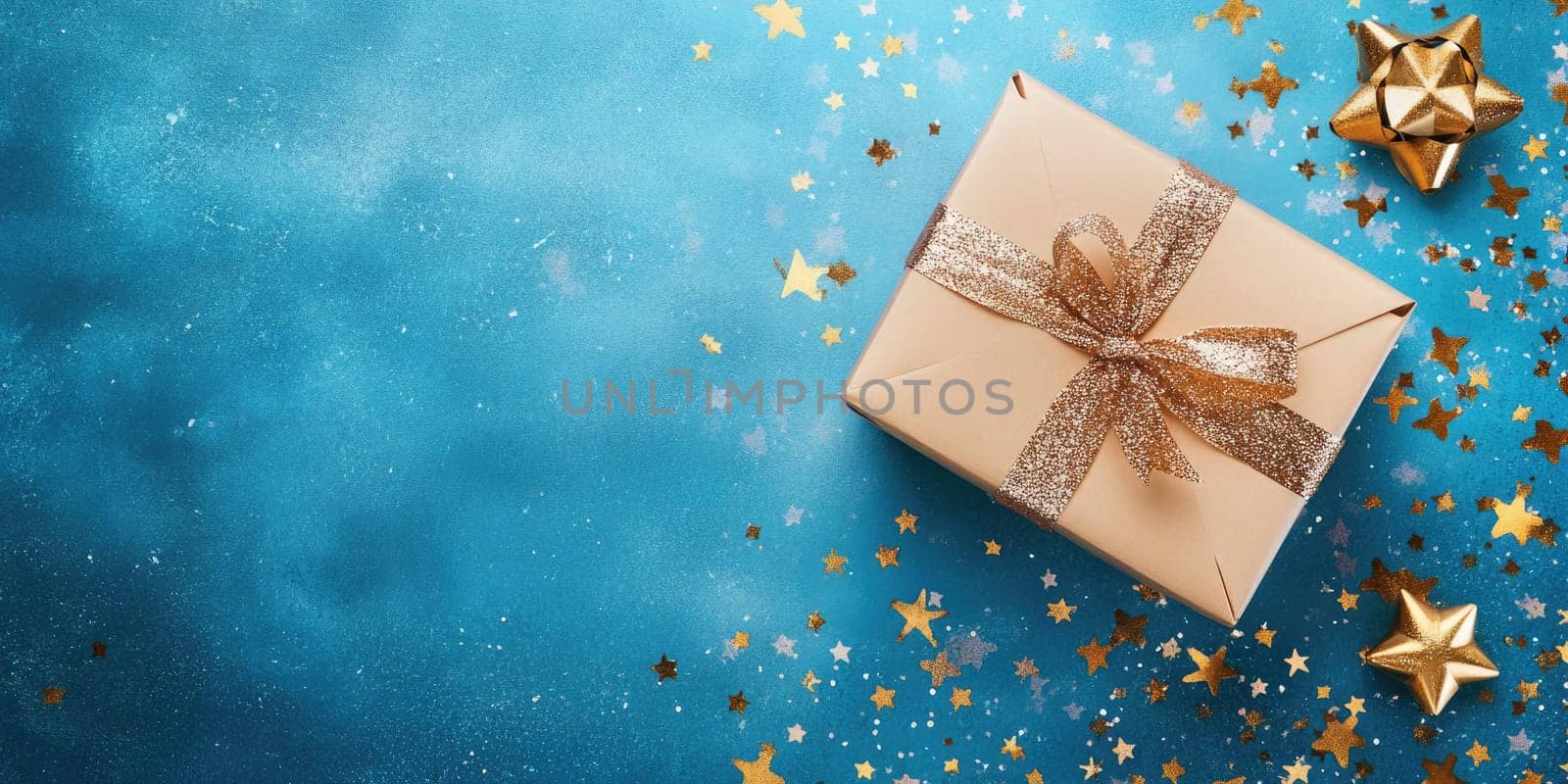 Wrapped in elegant paper, a gift box sits on a vibrant blue background surrounded by shimmering stars and decorative elements, embodying the spirit of new year's celebrations.