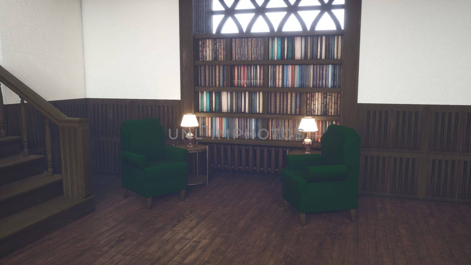 Cozy home study room featuring tall wooden bookshelves, soft ambient lighting from table lamps and plush green armchairs, creating warm and inviting reading environment, 3D rendering