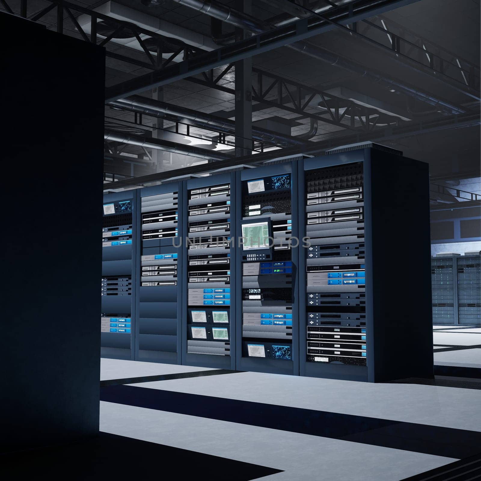 High-tech data center supporting AI processing, virtual networks and real time analytics. Supercomputers archiving structured datasets used in machine learning research, 3D render