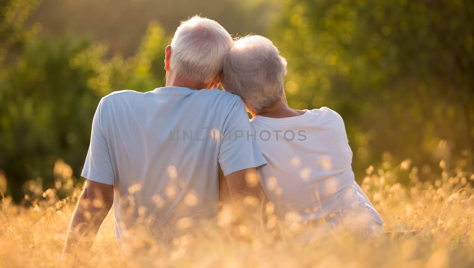 An elderly couple sits close together in a golden field, sharing a tender moment as the evening sun casts a warm glow around them. Happy retirement and love romance. Generative AI.