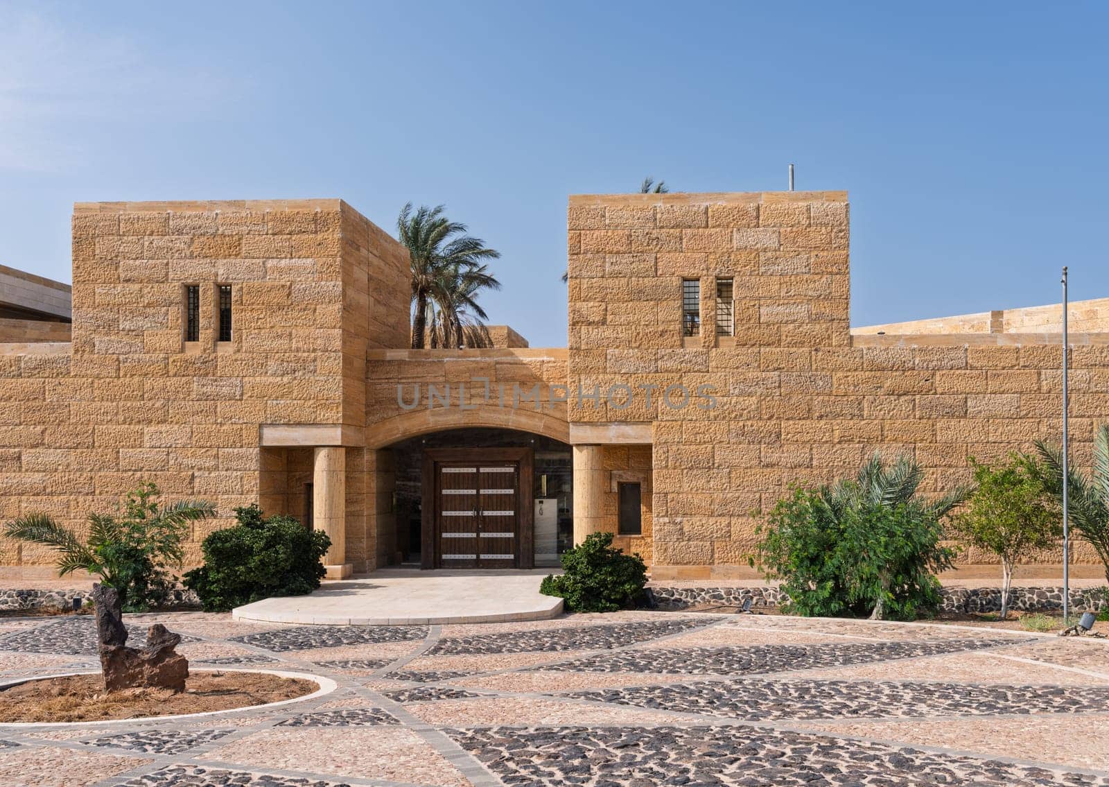 Entrance to modern museum building for the Dead Sea Panorama Complex on mountain top in Jordan