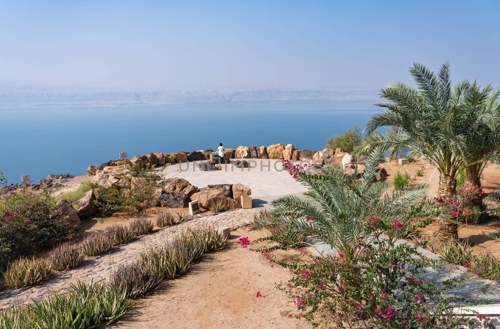 Viewpoint for the Dead Sea Panorama Complex on mountain top in Jordan looking towards Israel