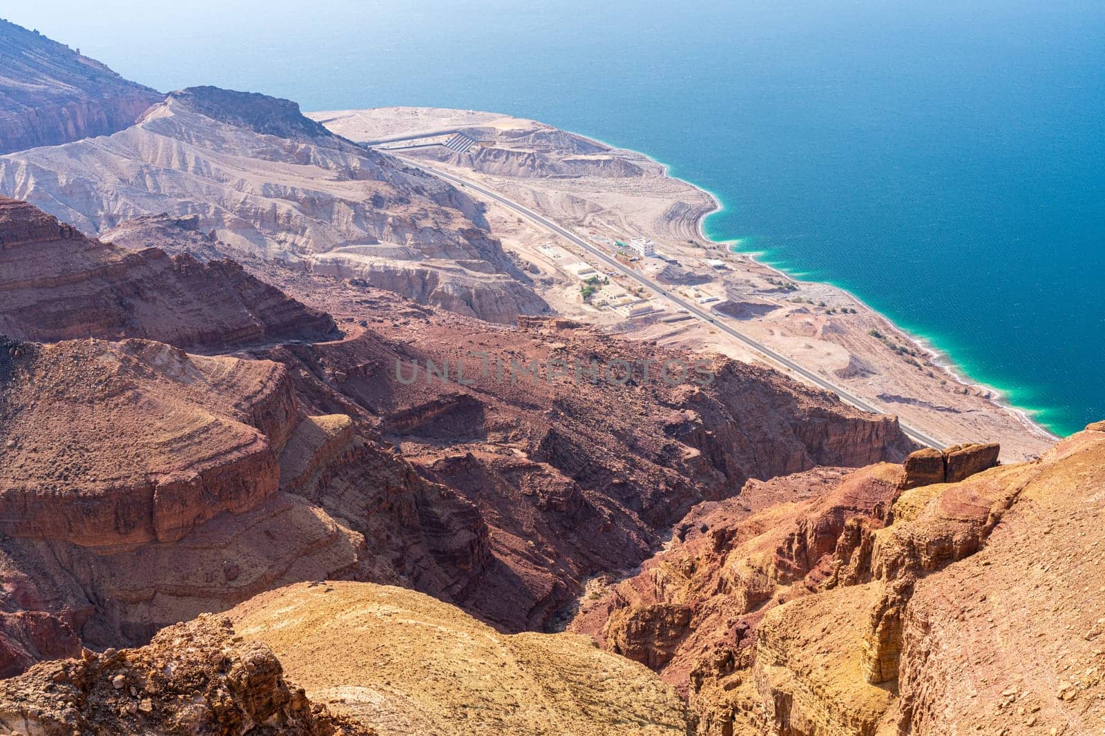 View looking down from the Dead Sea Panorama Complex on mountain top in Jordan t0 the sea and shore below