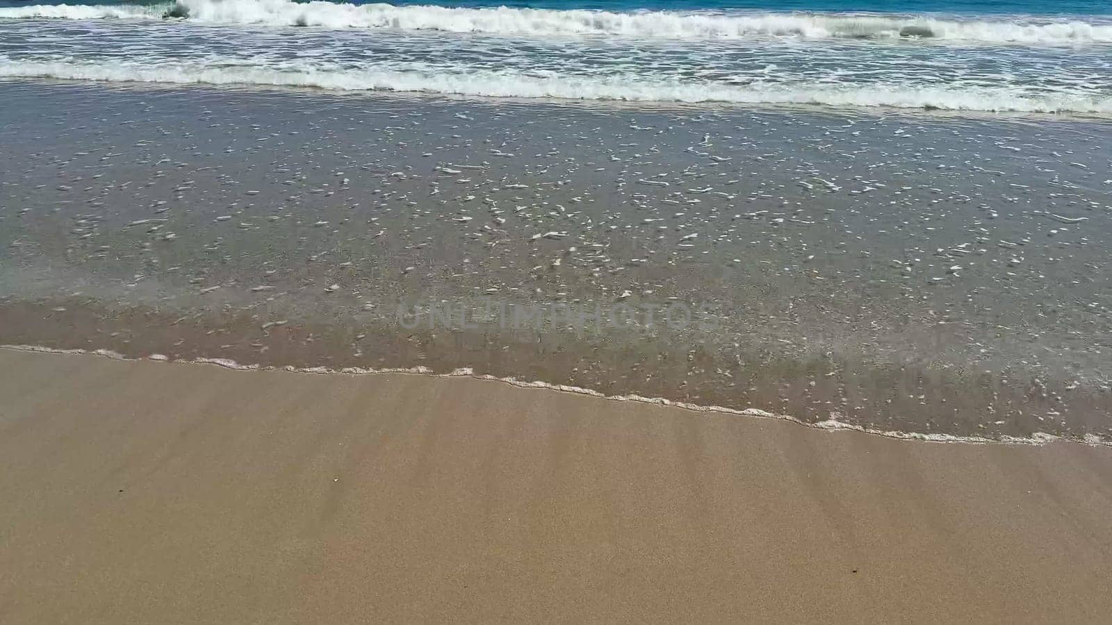 Experience the serene beauty of gentle ocean waves lapping onto a sandy beach beneath vast, clear blue skies