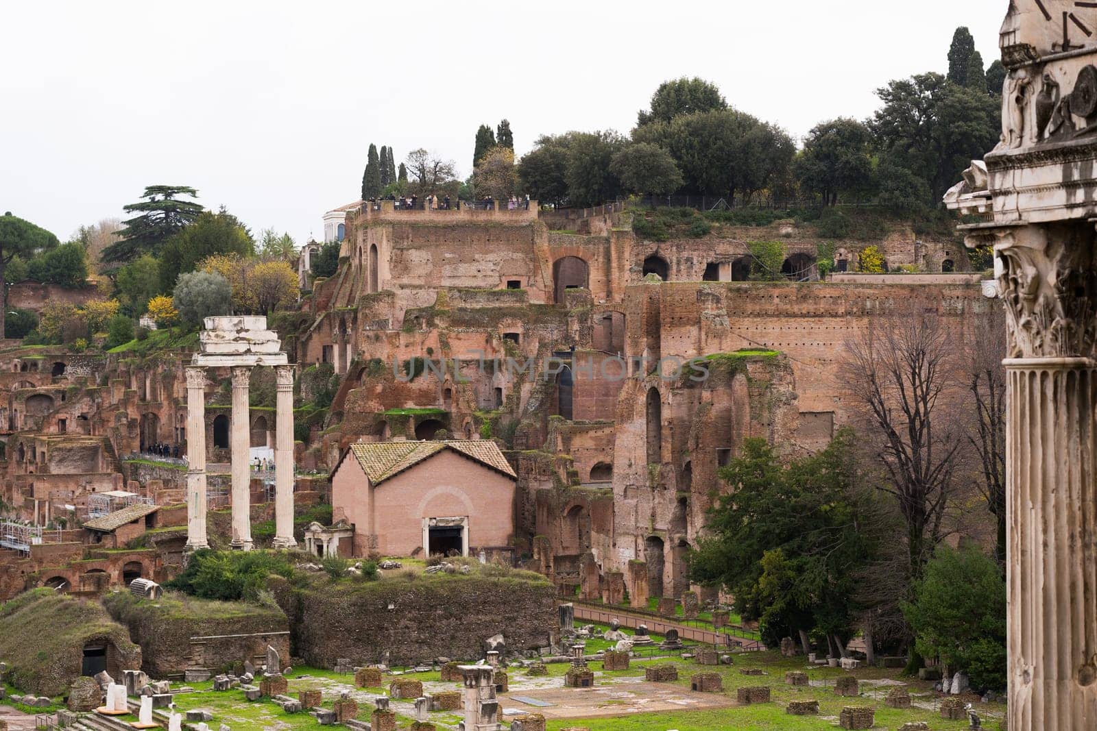 Rome, Italy - 09.12.2022: Temple of Castor and Pollux. Ancient roman ruins in scenic landscape with historical architecture.