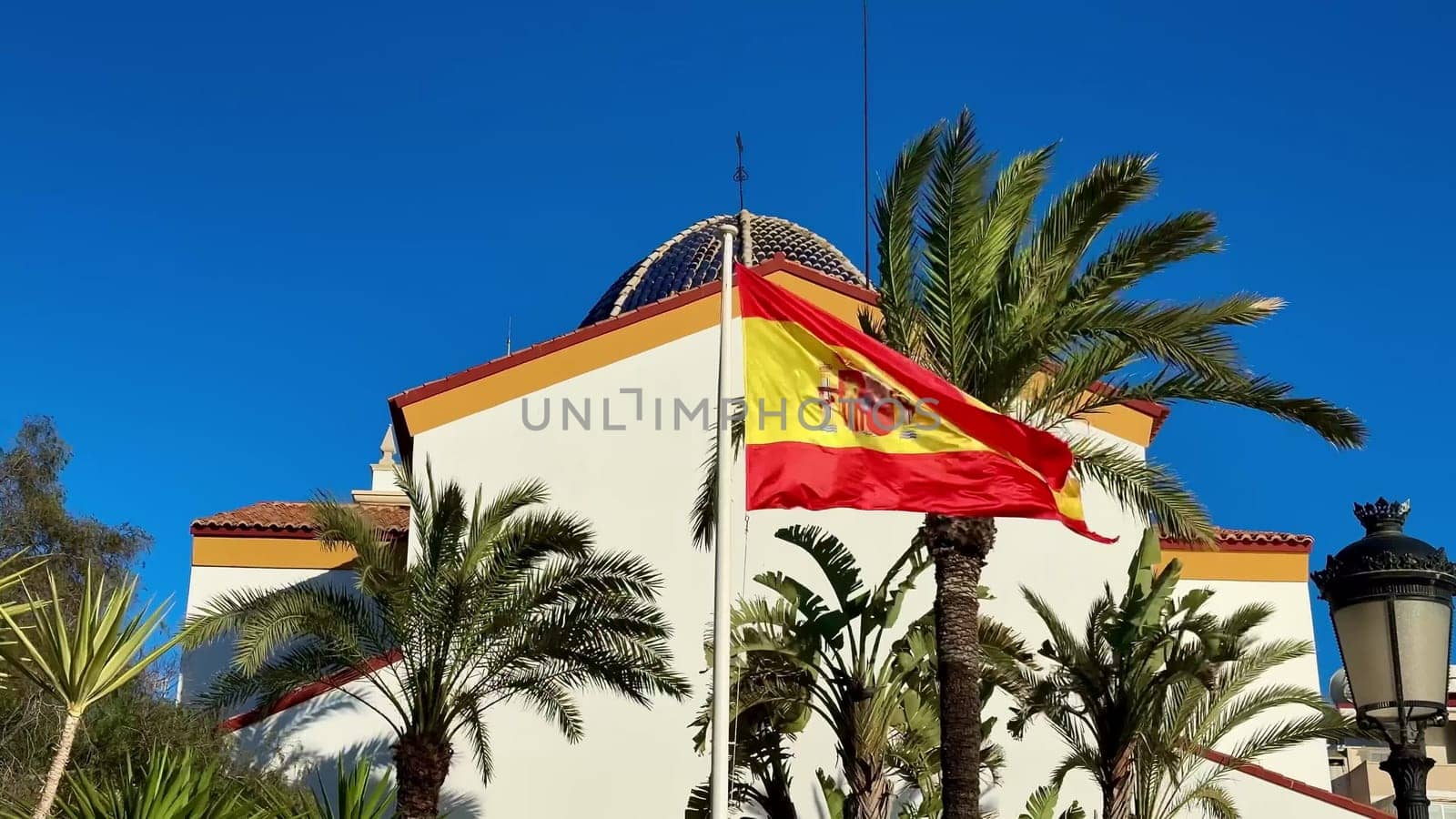 A breathtaking view of the Spanish flag elegantly waving amongst tall palm trees beneath a bright blue sky