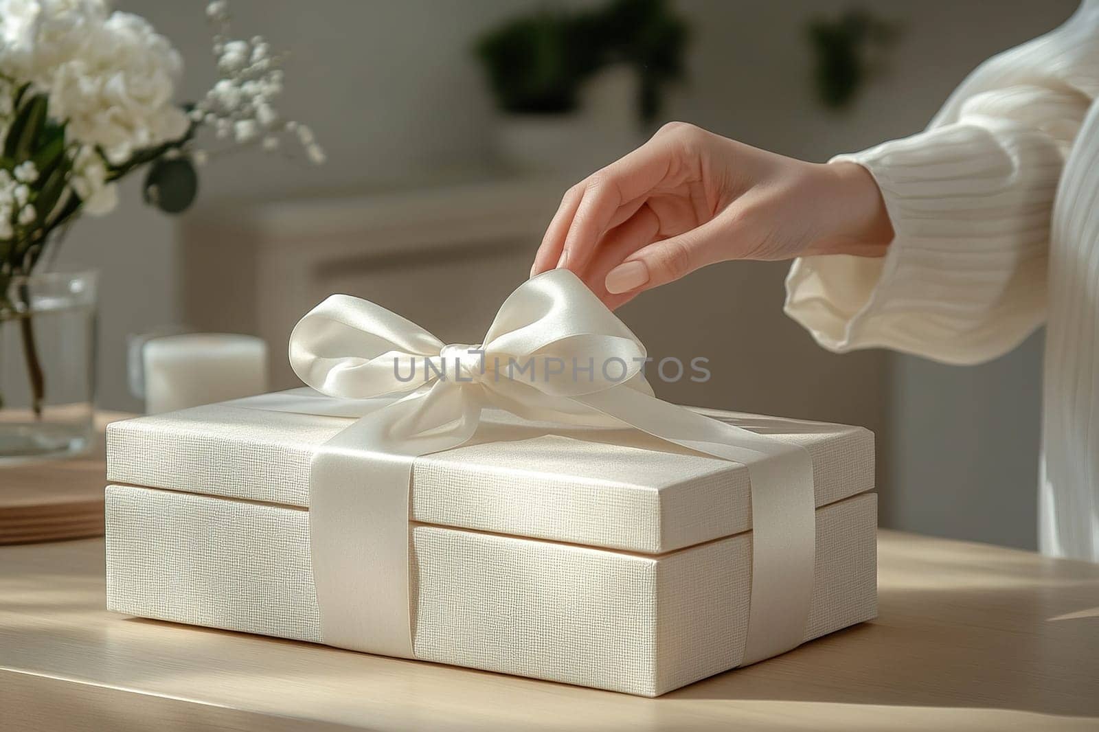 Hand gently reaching to open an elegantly wrapped gift box with a white ribbon bow. The scene conveys a moment of anticipation and surprise, perfect for celebrations and special occasions.