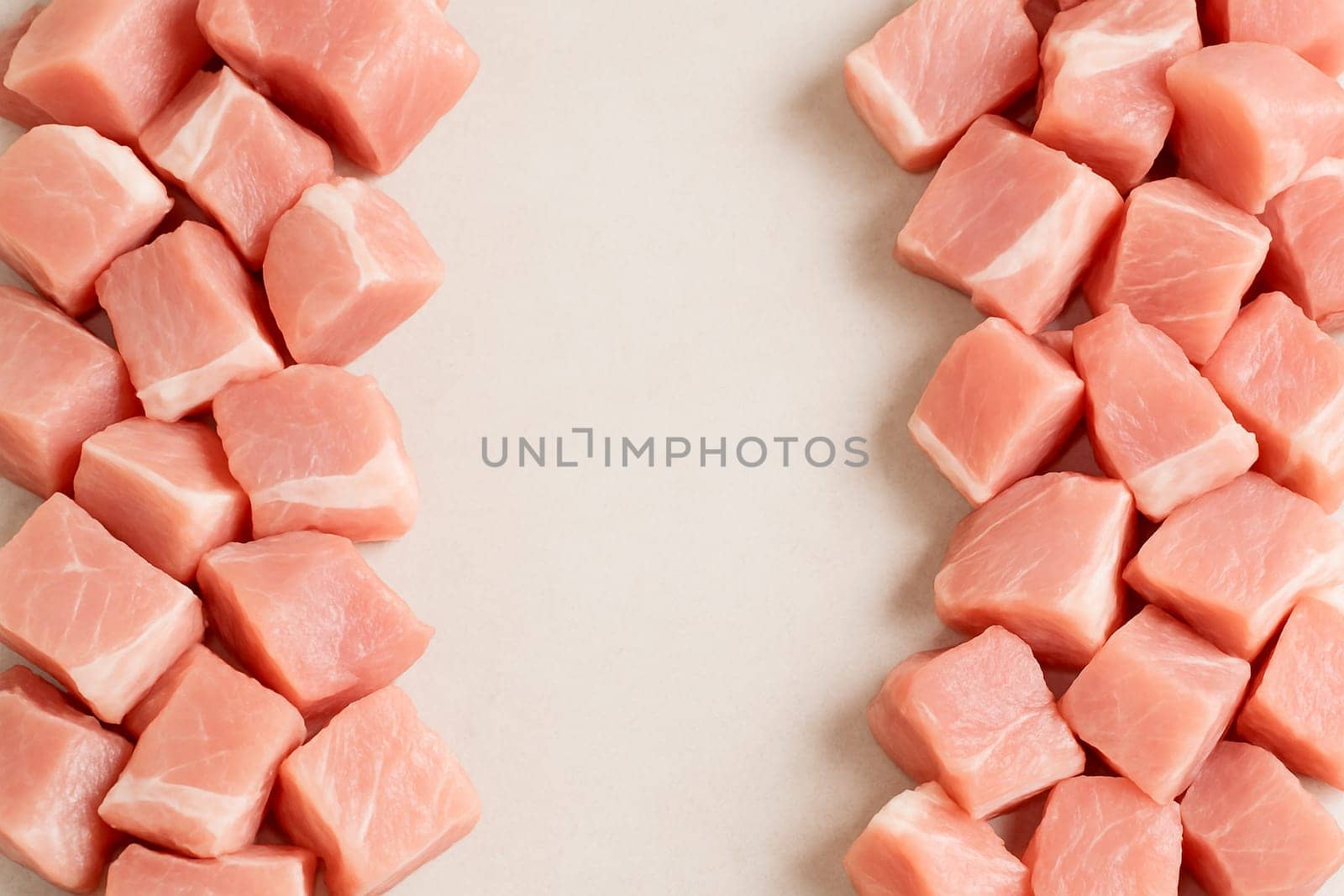 AI generated top view of fresh raw pork meat cut into chunks from various parts neatly arranged vibrant pink color on clean white background
