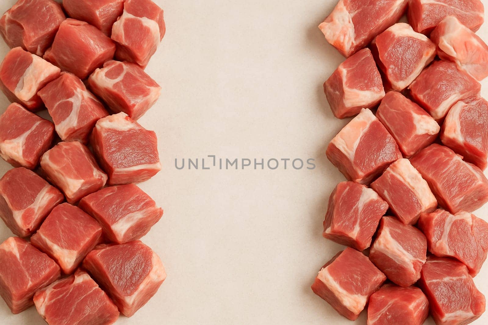 AI generated top view of fresh raw goat meat cut into pieces from various cuts arranged neatly showcasing natural color and texture against clean white background