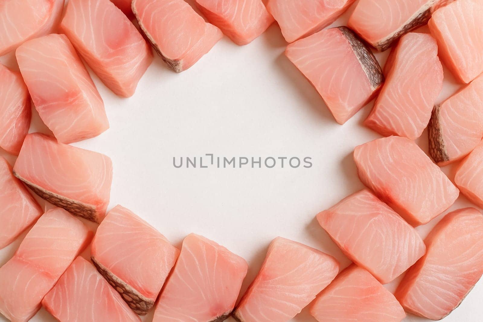 AI generated top view of fresh raw barramundi fish cut into premium fillets and chunks showcasing glistening texture and vibrant color on clean white space