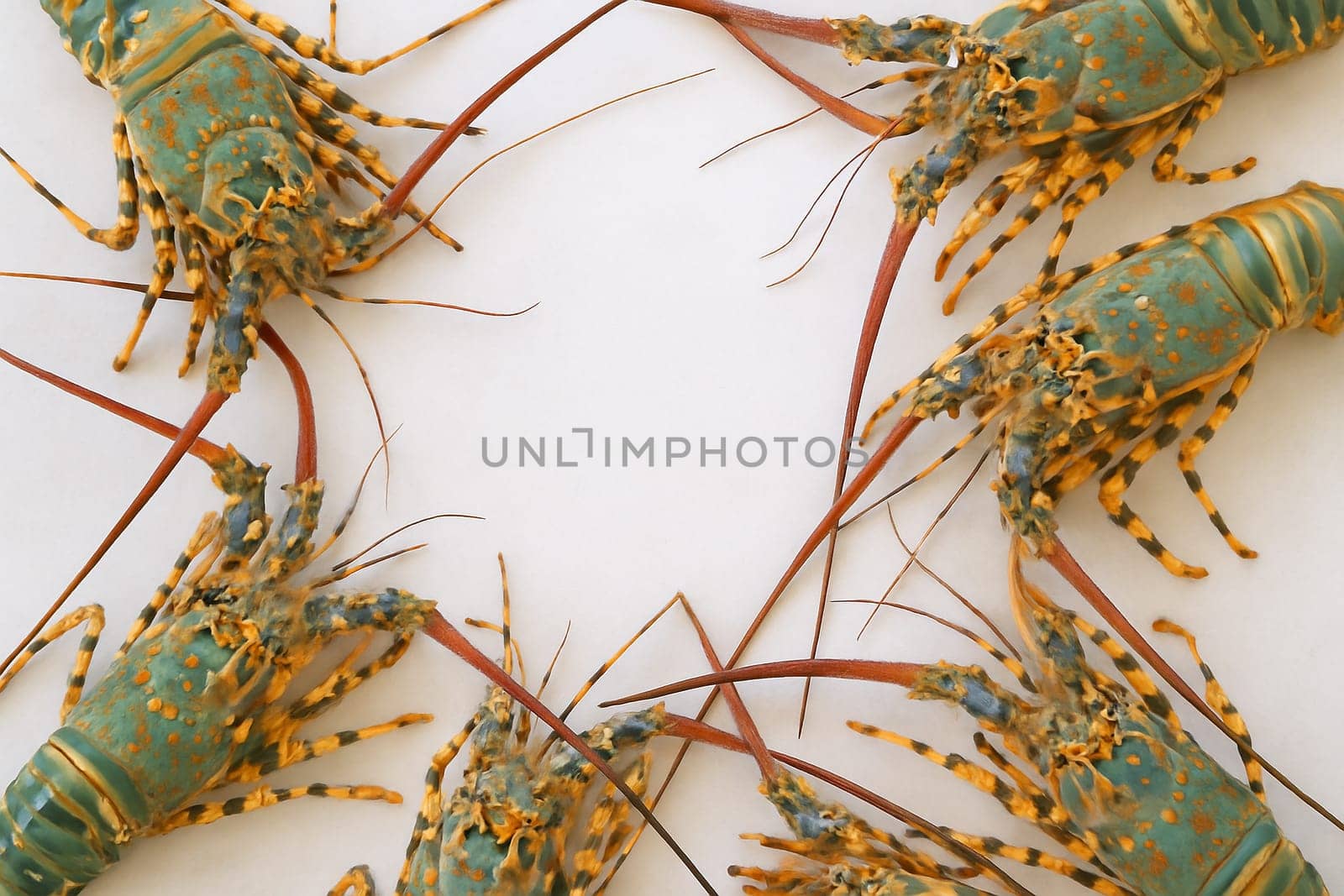 AI generated top view of fresh whole raw lobsters with vibrant shells and intact antennae arranged neatly showcasing premium quality against clean white background