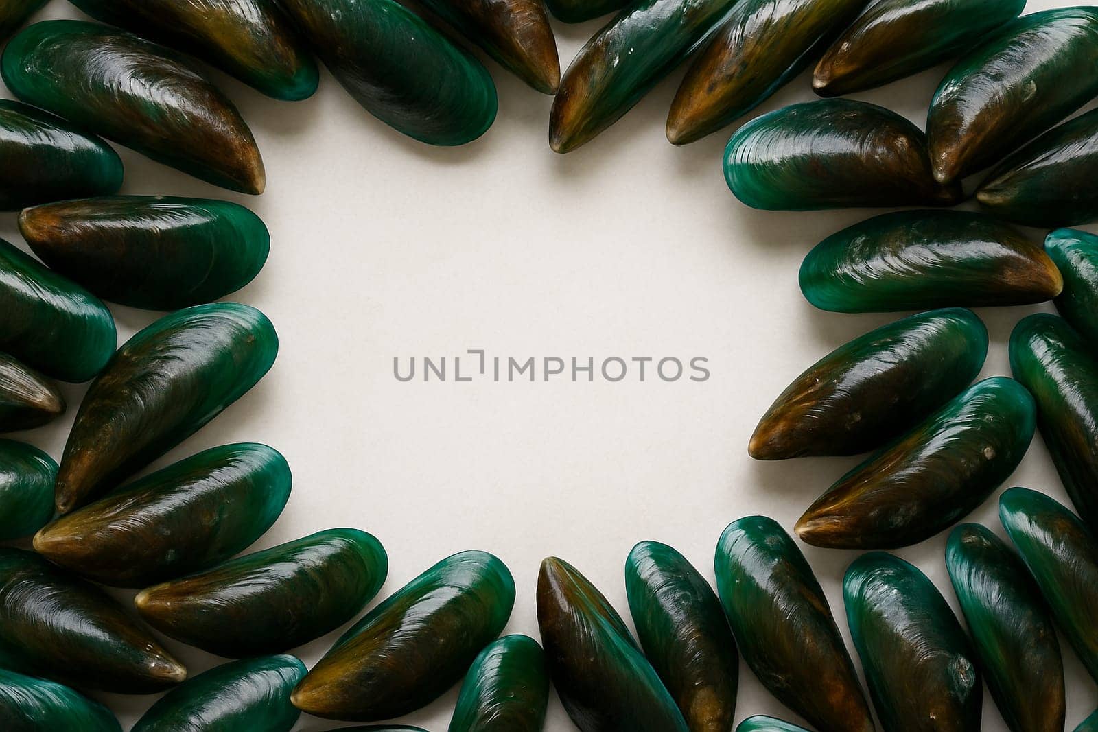 AI generated top view of fresh whole mussels with glossy blue-black shells arranged neatly showcasing premium seafood quality against clean white background