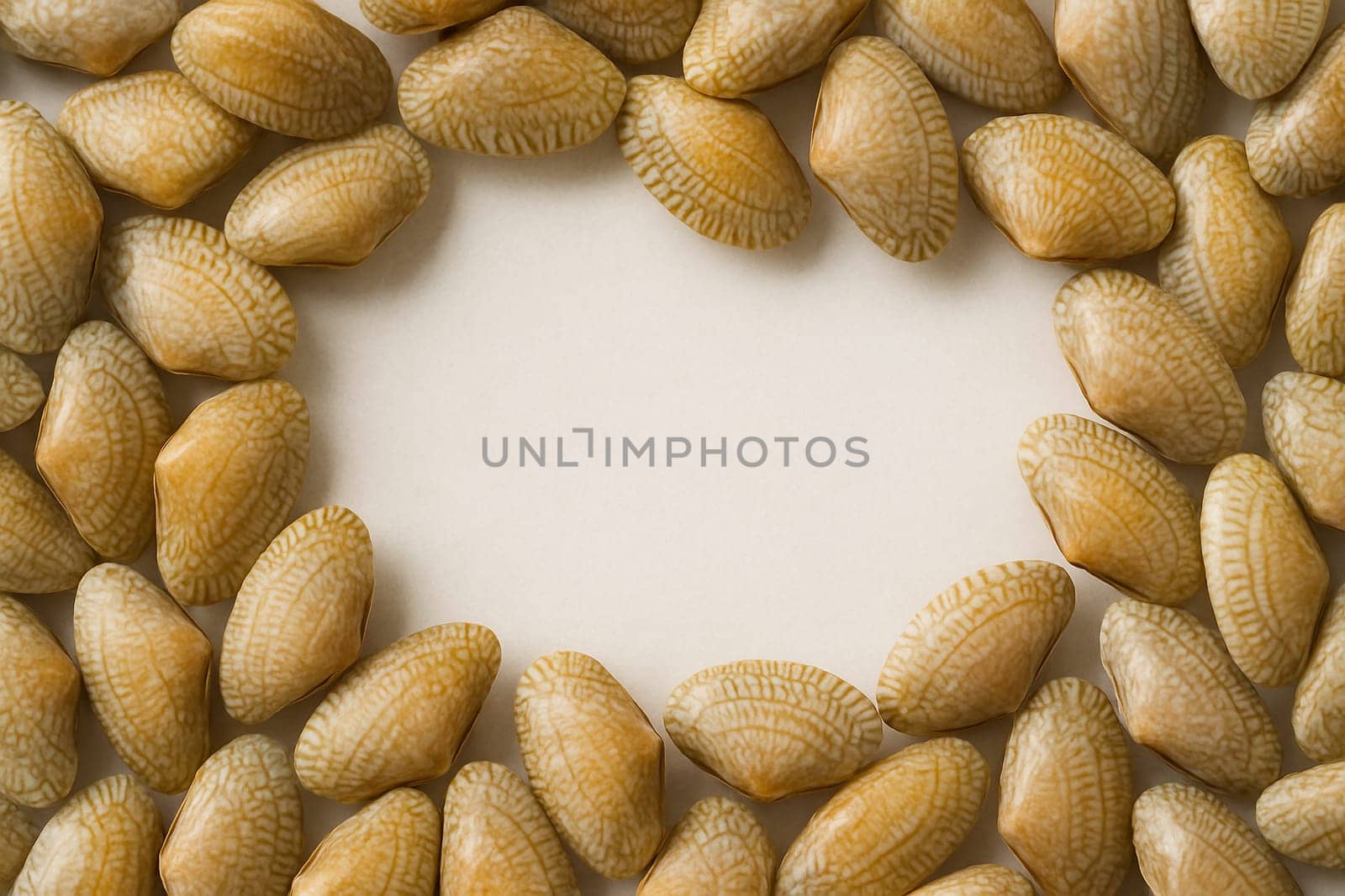 AI generated top view of fresh whole striped clams with distinctive patterned shells arranged neatly showcasing coastal seafood against clean white background