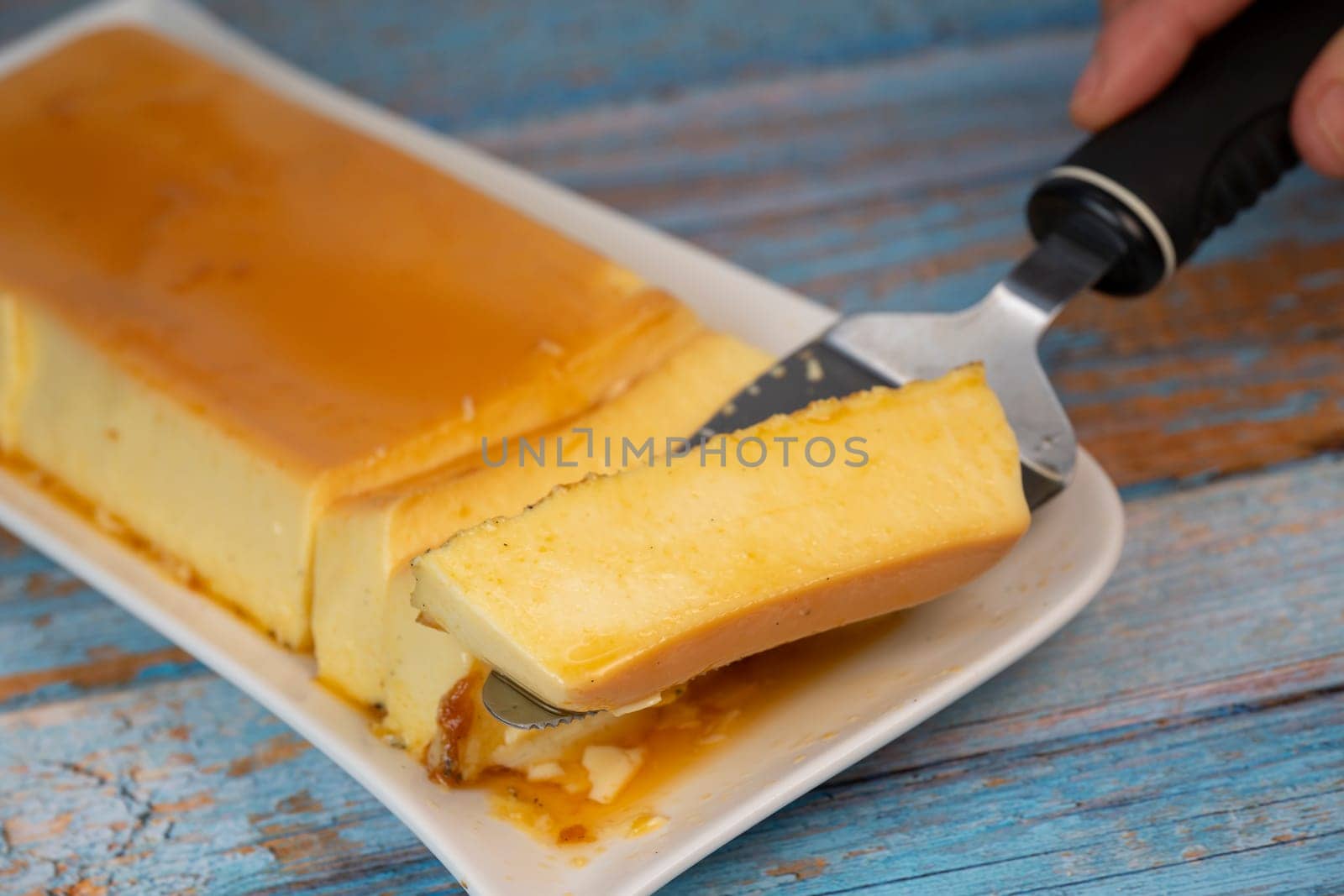 Cream caramel pudding with caramel sauce on a plate, Flan, High quality photo
