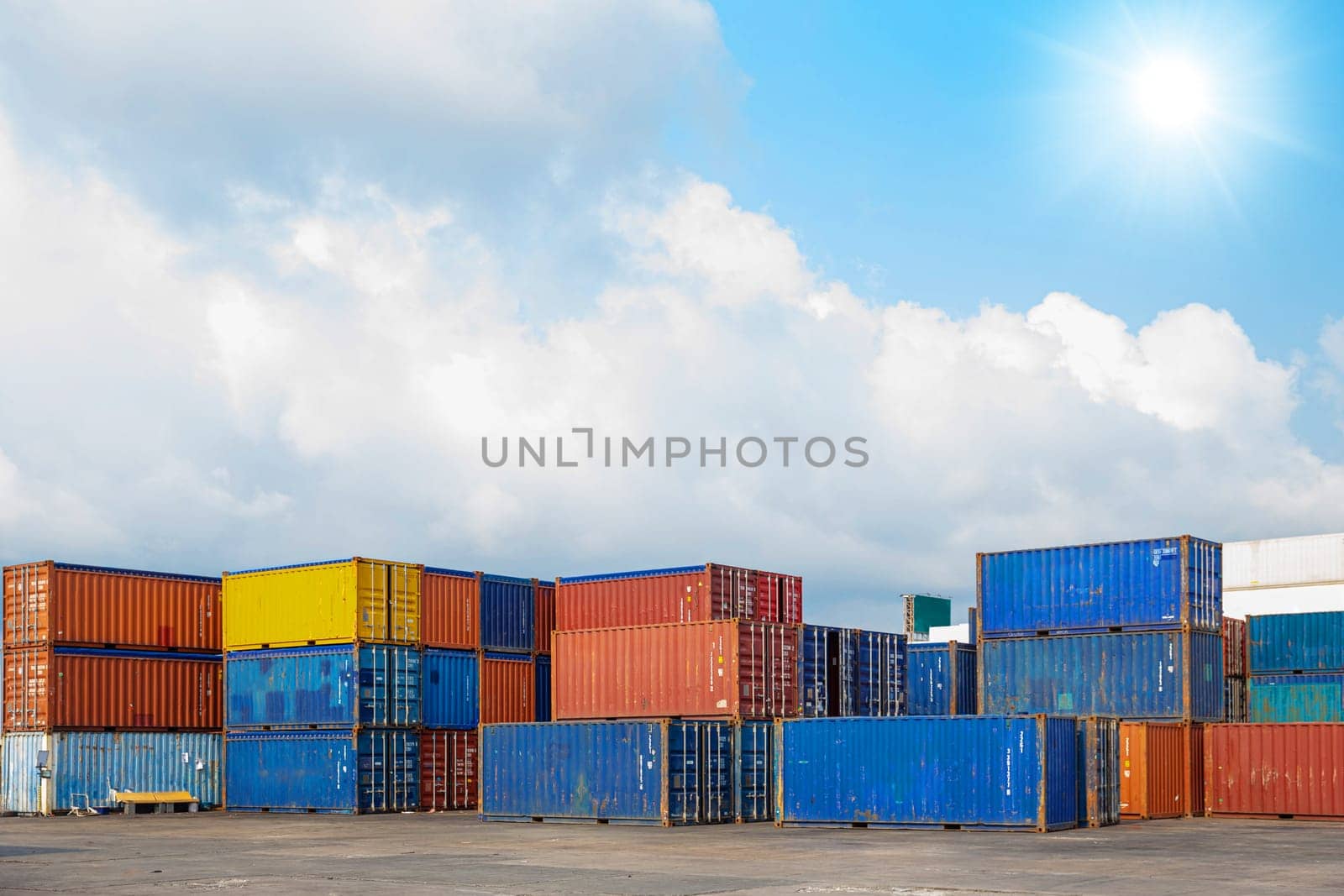 old container yard (CY) at shipping port dock waiting transportation for logistic industry background