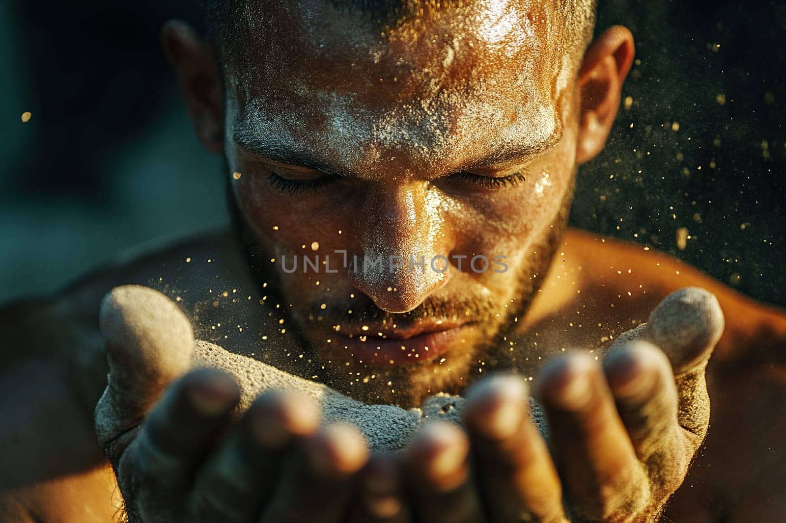 Close-up of a man holding and observing sand, showcasing a concentrated and introspective expression. Sand particles are suspended mid-air, creating a dynamic visual effect.