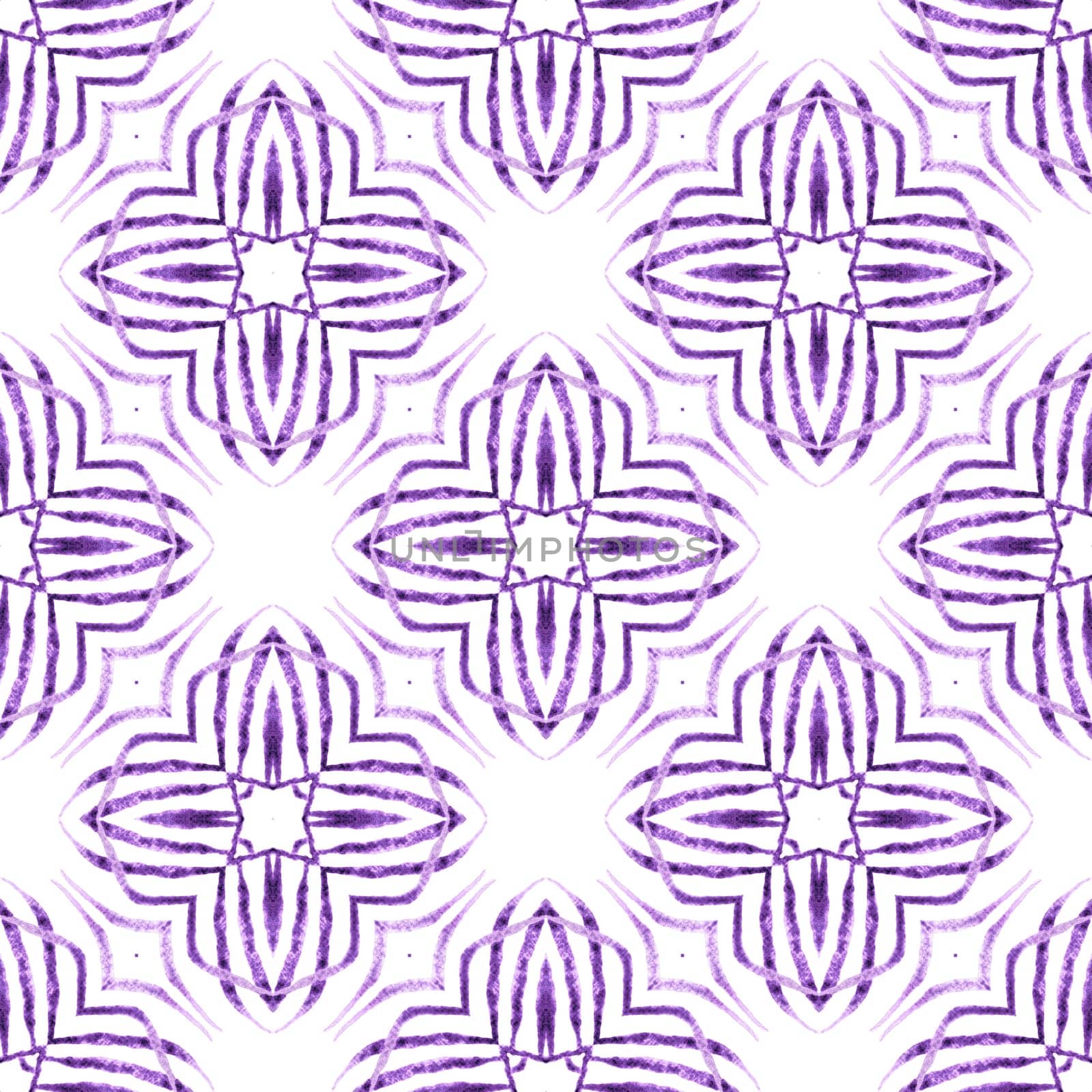 Textile ready quaint print, swimwear fabric, wallpaper, wrapping. Purple delightful boho chic summer design. Ikat repeating swimwear design. Watercolor ikat repeating tile border.