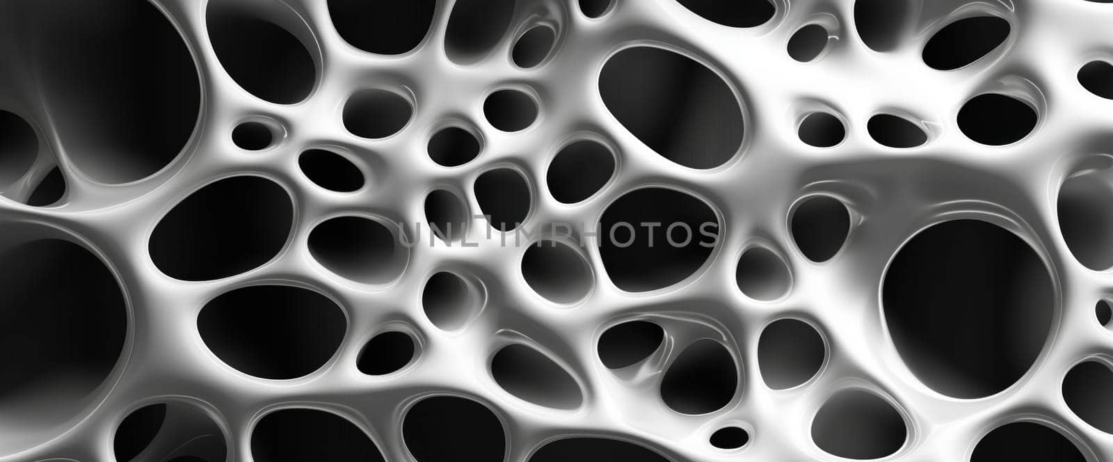 Complex network of interconnected forms and voids creates a striking abstract design in shades of gray and white. The composition showcases the interplay of light and shadow within the shapes.