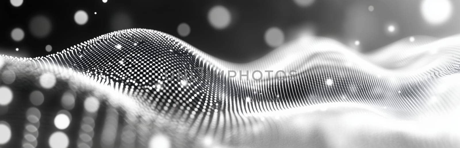 Abstract black and white waves, created from countless dots, ripple across the surface, creating a tranquil digital landscape that evokes a sense of calmness and depth.