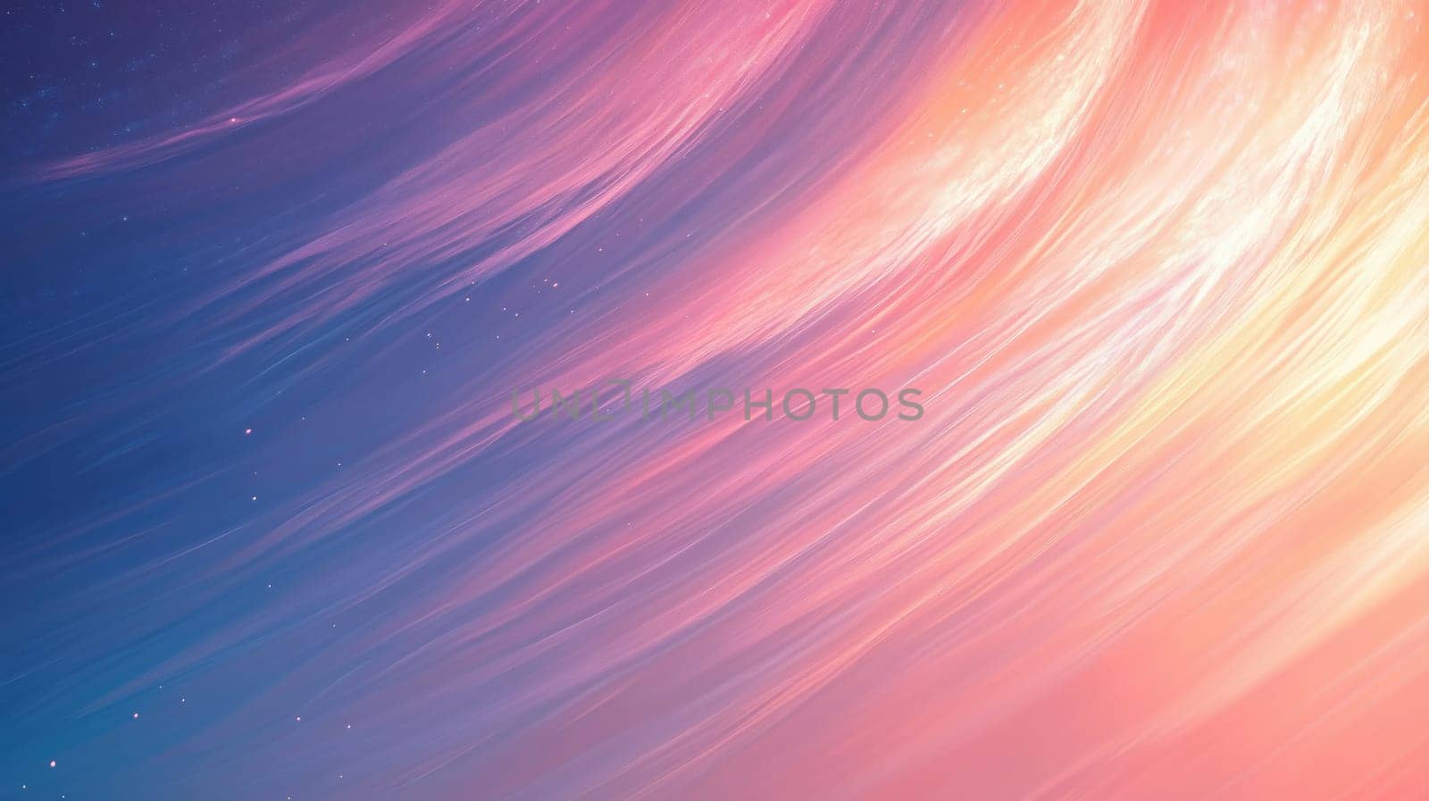 Colorful clouds stretch across a twilight sky, blending shades of pink, purple, and orange. The soft hues create a serene and peaceful atmosphere, marking the day's end in an ethereal display.