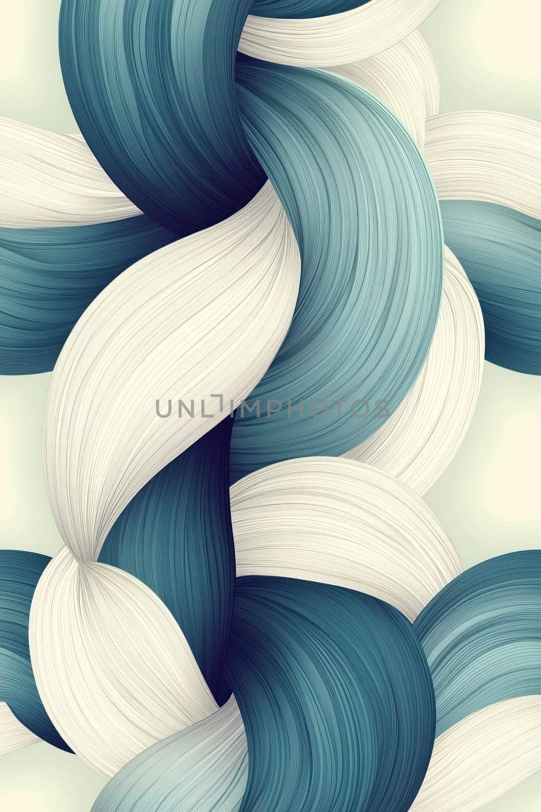 Bold, flowing strands of white and blue intertwine, showcasing a mesmerizing braid-like pattern. This artistic design evokes serenity and visual interest, perfect for modern decor.