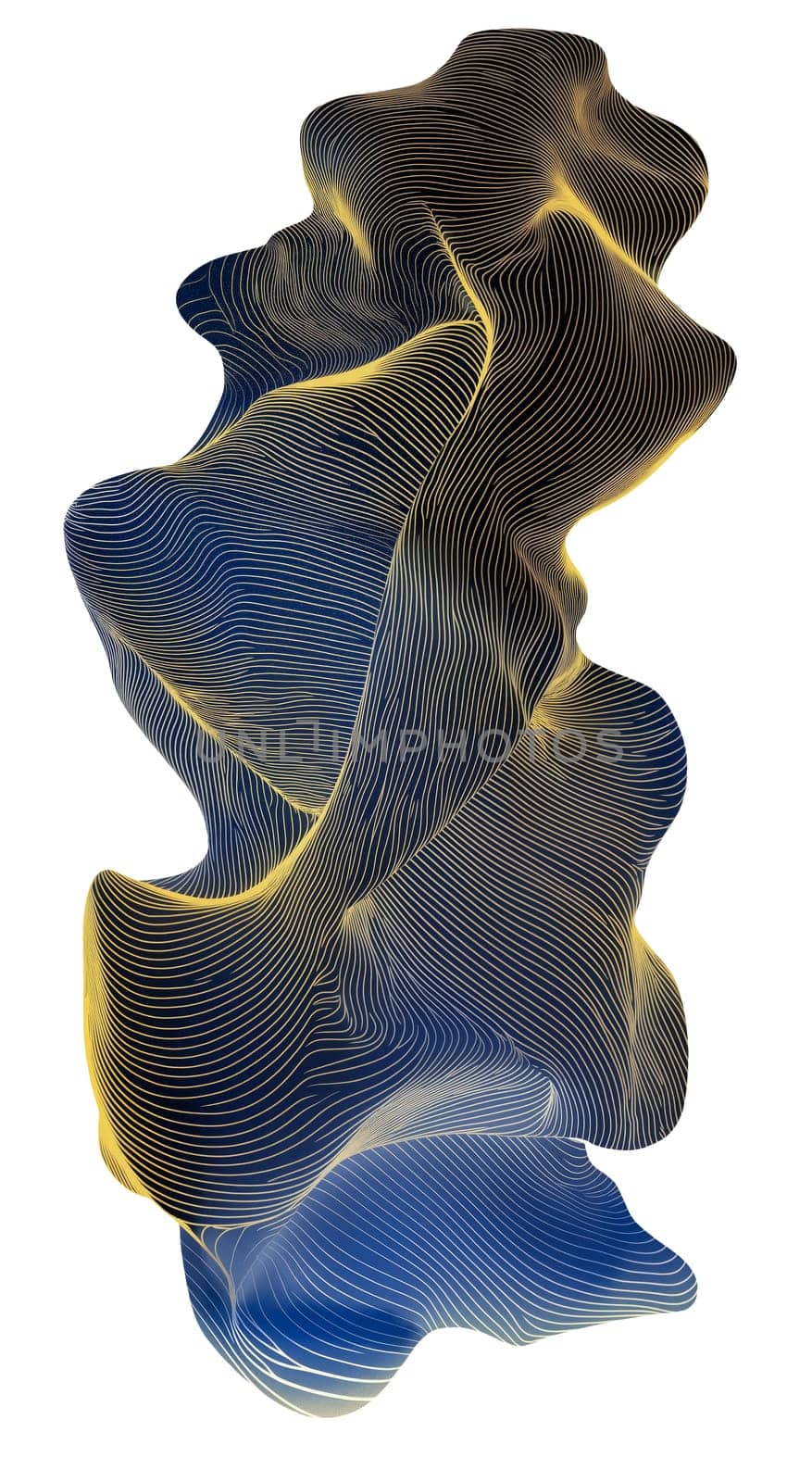 This artwork showcases an abstract design featuring fluid forms and dynamic lines interwoven in shades of blue, black, and yellow. The interplay of colors creates visual depth and movement.