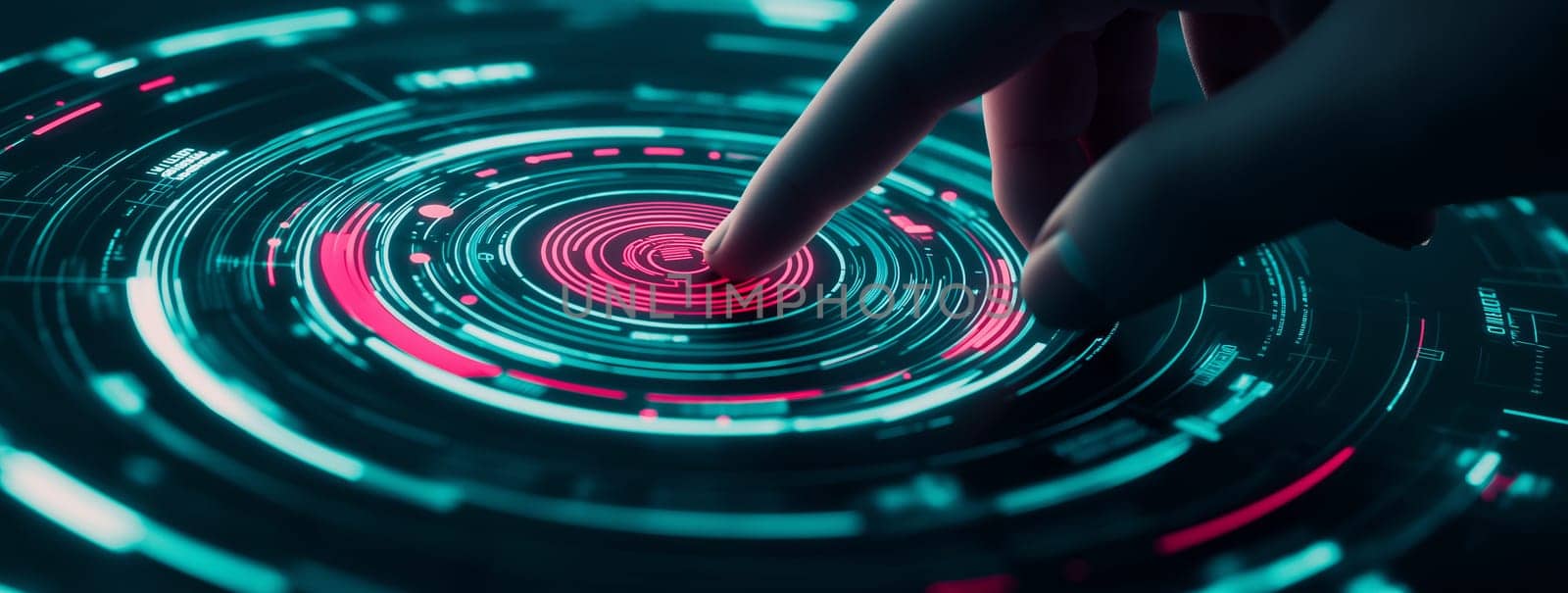 A hand touches a futuristic digital interface emitting bright colors and patterns.