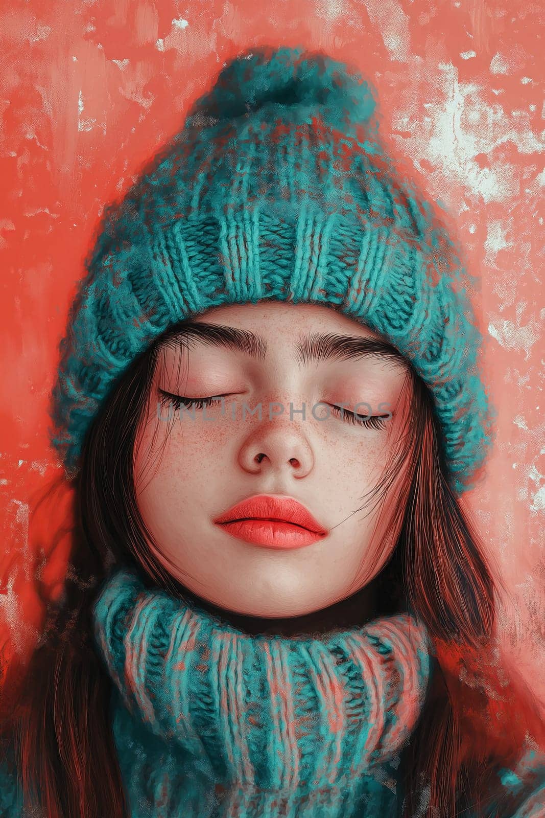 A young girl with closed eyes relaxes while wearing a cozy teal knitted hat and a matching scarf. The bold red background enhances her peaceful expression, creating a striking visual contrast.