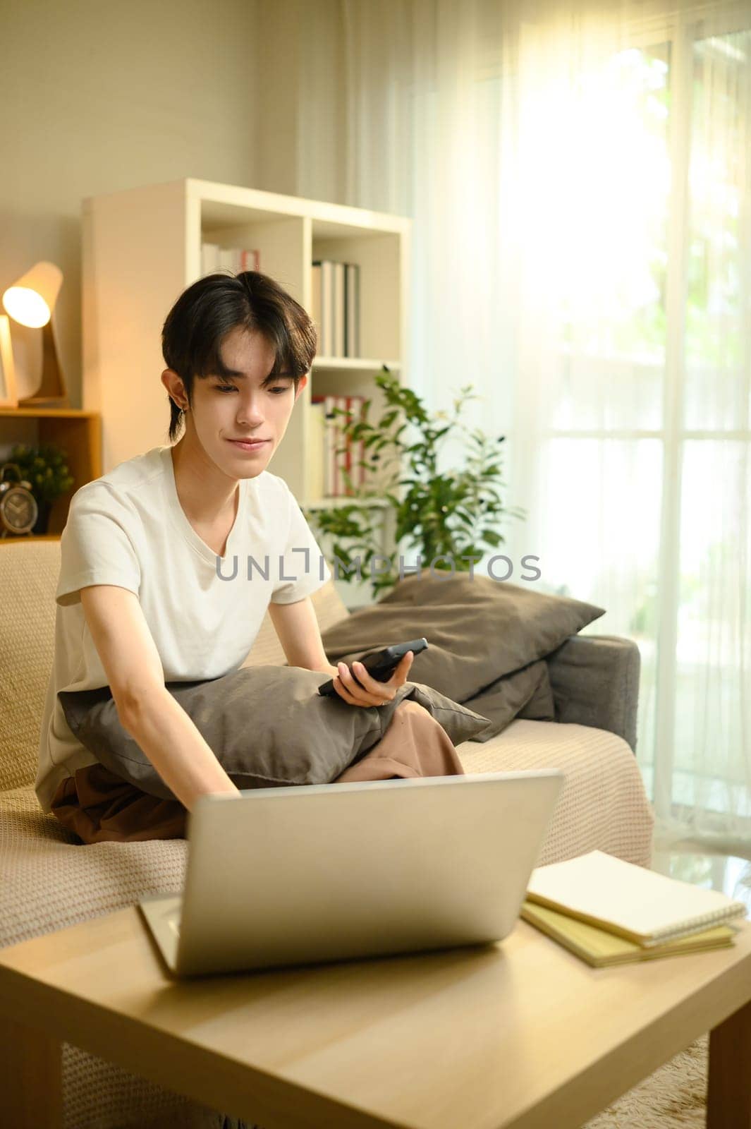 Young man relaxing on sofa while using laptop and holding smartphone in living room.