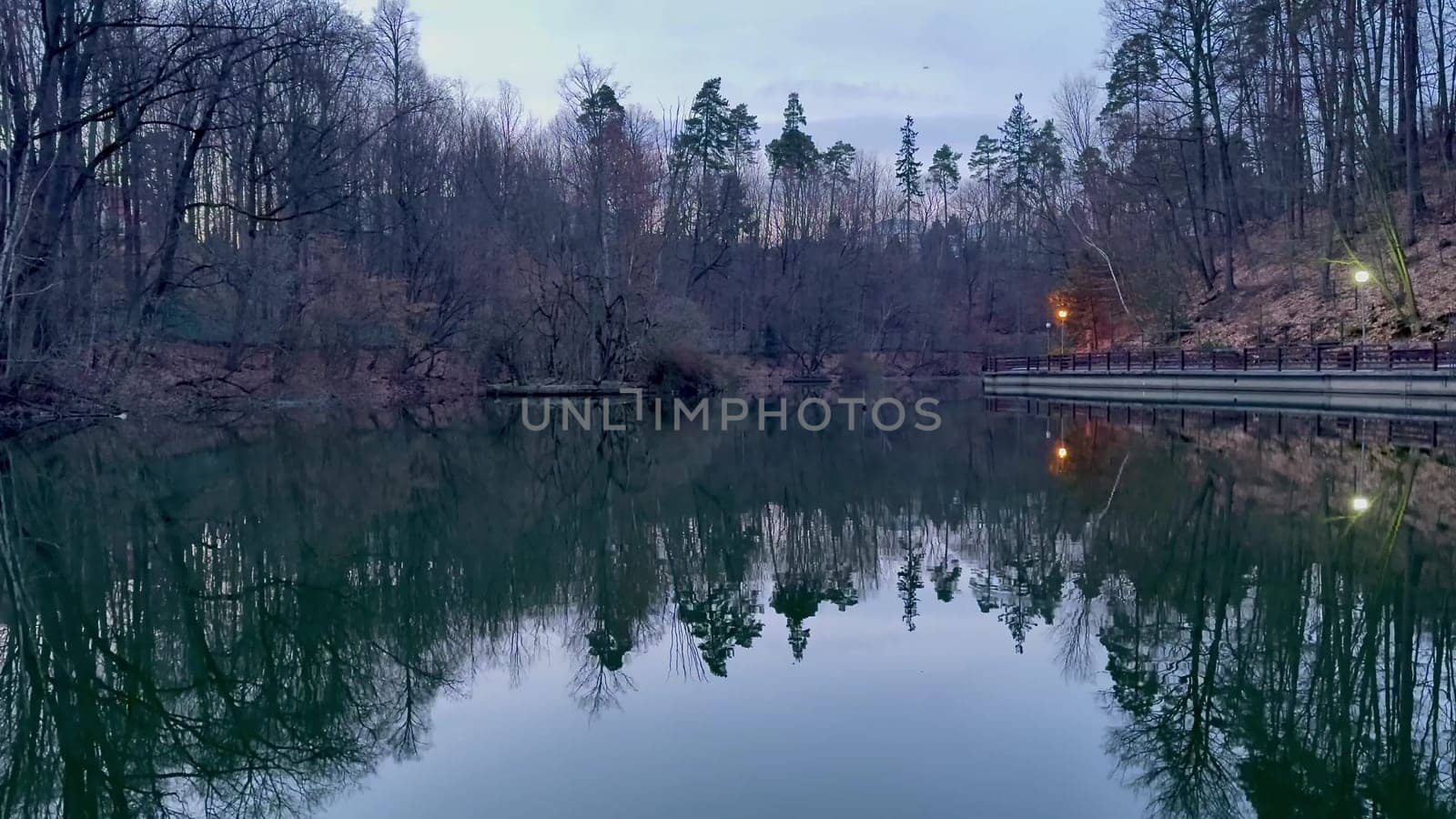 A tranquil lake reflects a quiet forest under twilights glow, evoking calmness and natures beauty
