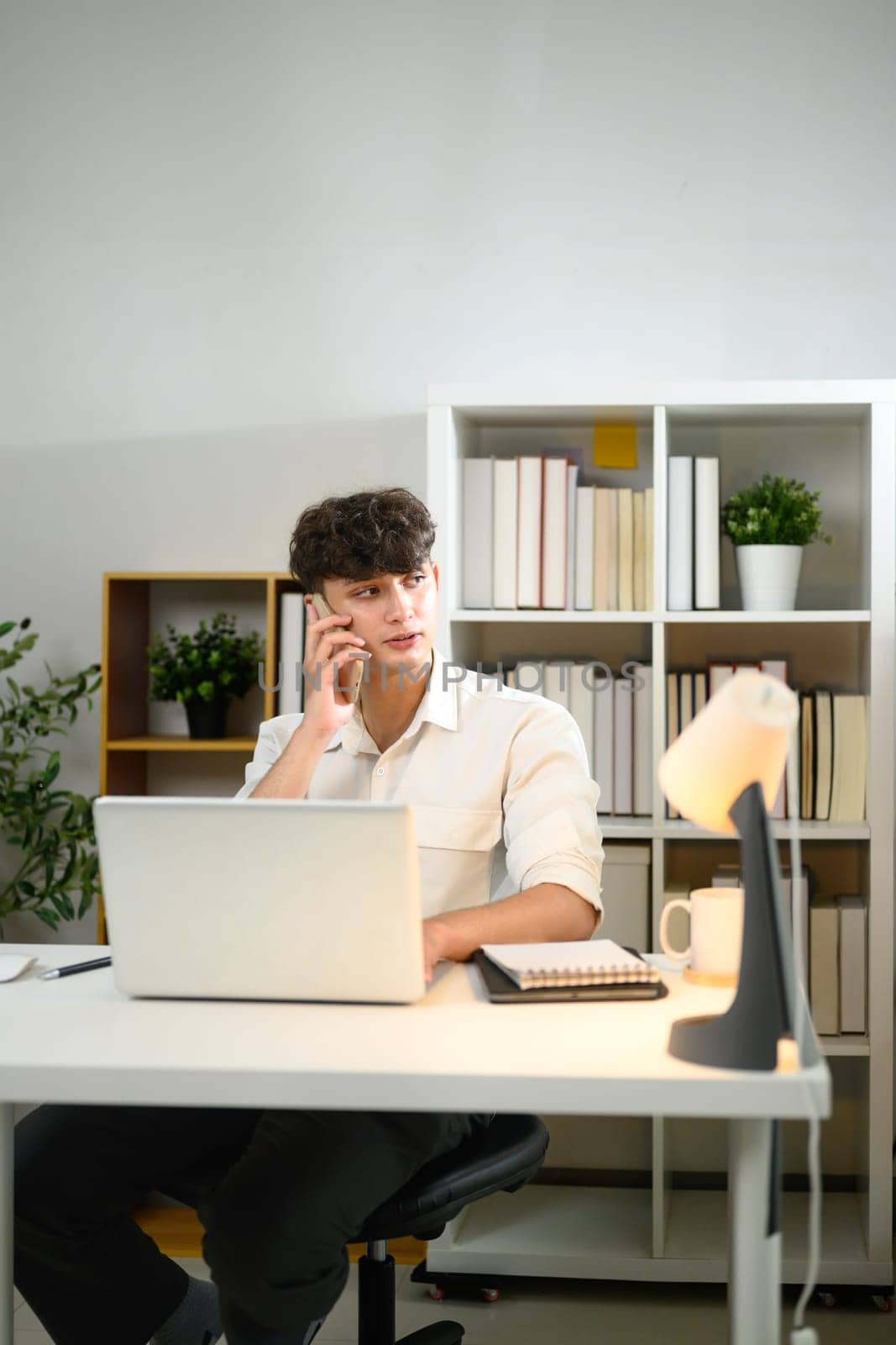Confident young entrepreneur talking on phone working at laptop in a modern home office.