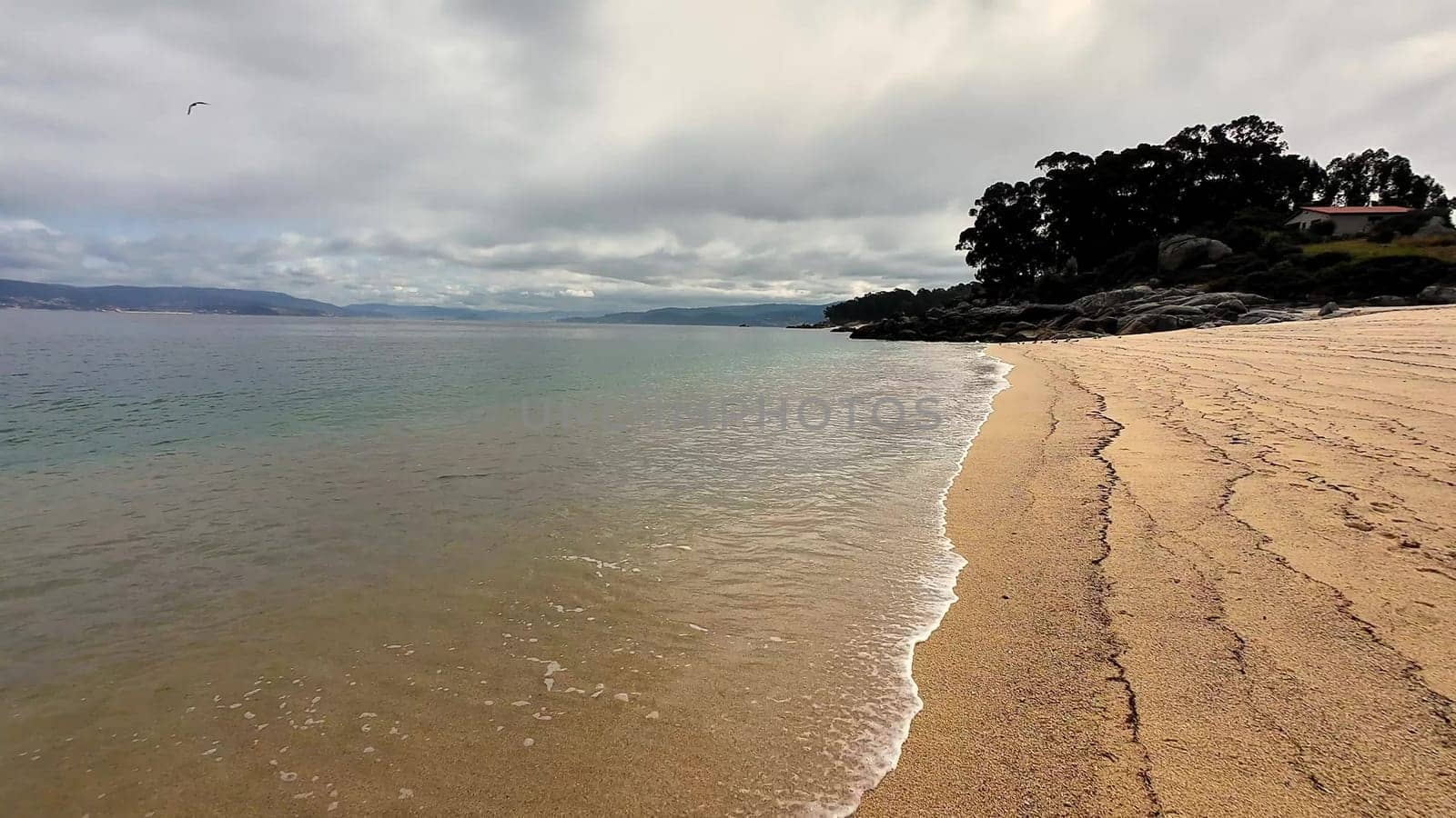 A tranquil beach scene showcasing soft golden sand, gentle rolling waves, and the serenity of nature around