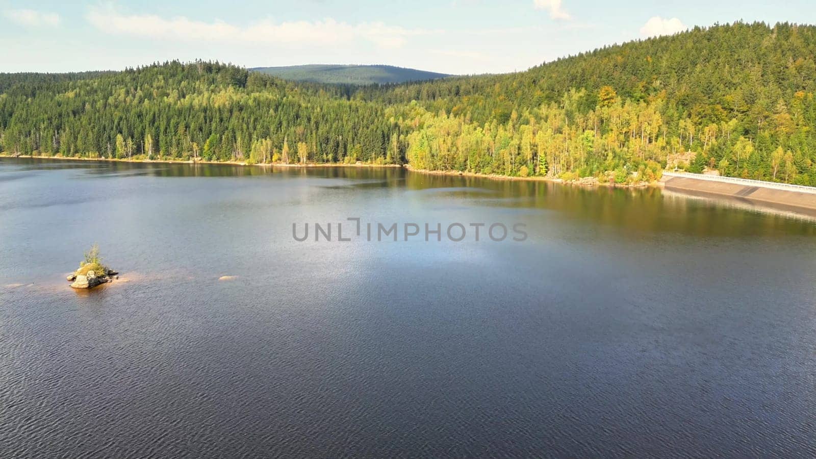 A serene and tranquil view of a sparkling lake embraced lovingly by vibrant, lush forests beneath a clear blue sky