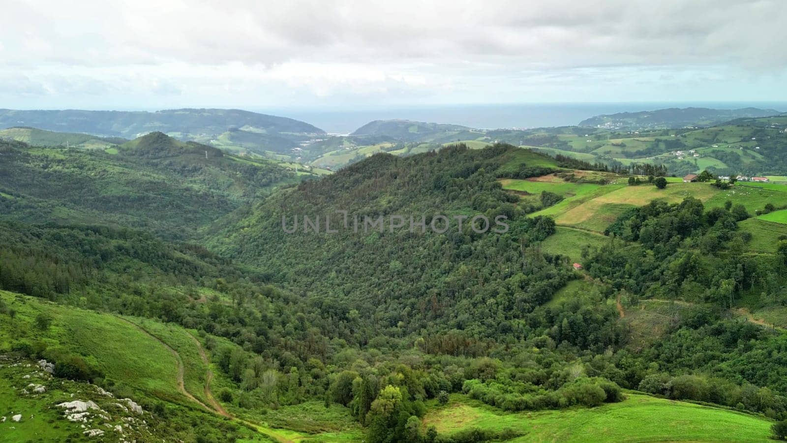 A stunning panoramic view that beautifully showcases vibrant hills, lush greenery, and a serene ocean backdrop