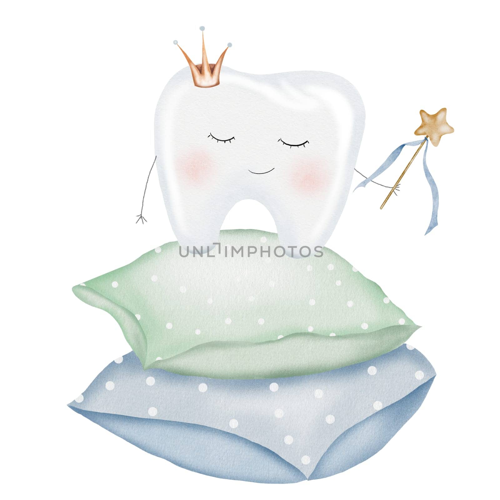 Baby tooth watercolor. Cute cartoon molar with crown on the pillow on isolated white background. Dental clip art. Tooth Fairy. Ideal for cards and invitations to the party baby's first tooth, kawaii posters in the doctor's office. High quality illustration
