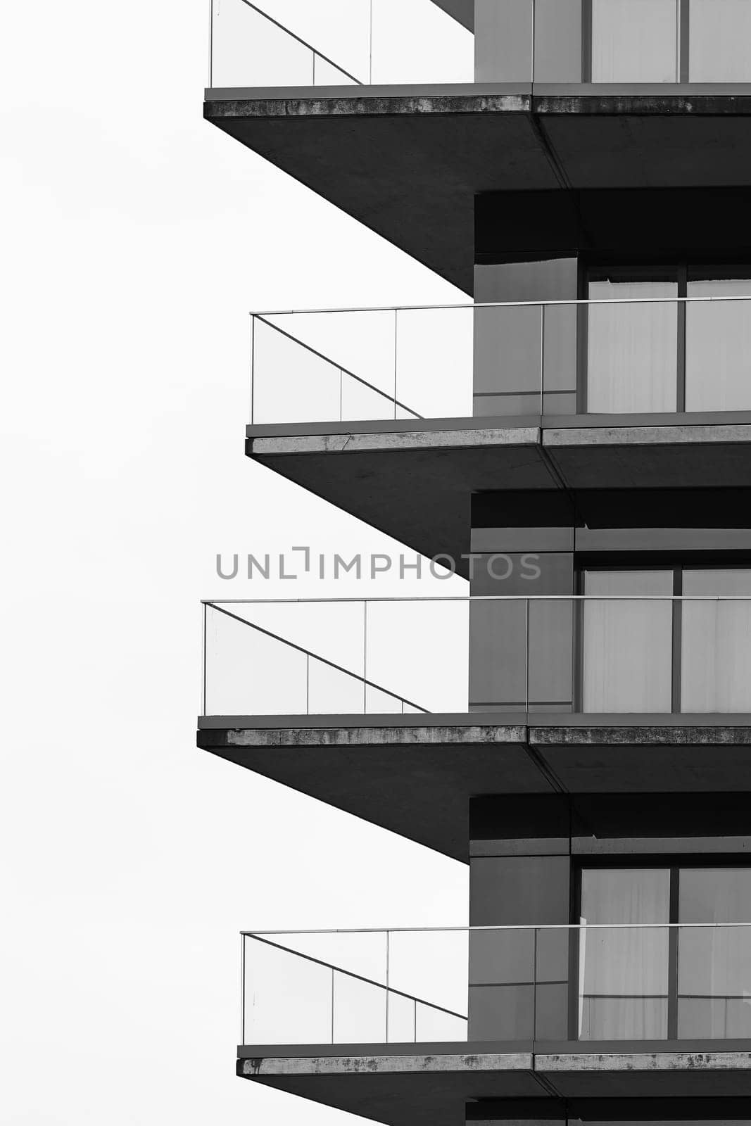 Black and white image of the facade of a residential building in the city center of Swinoujscie in Poland