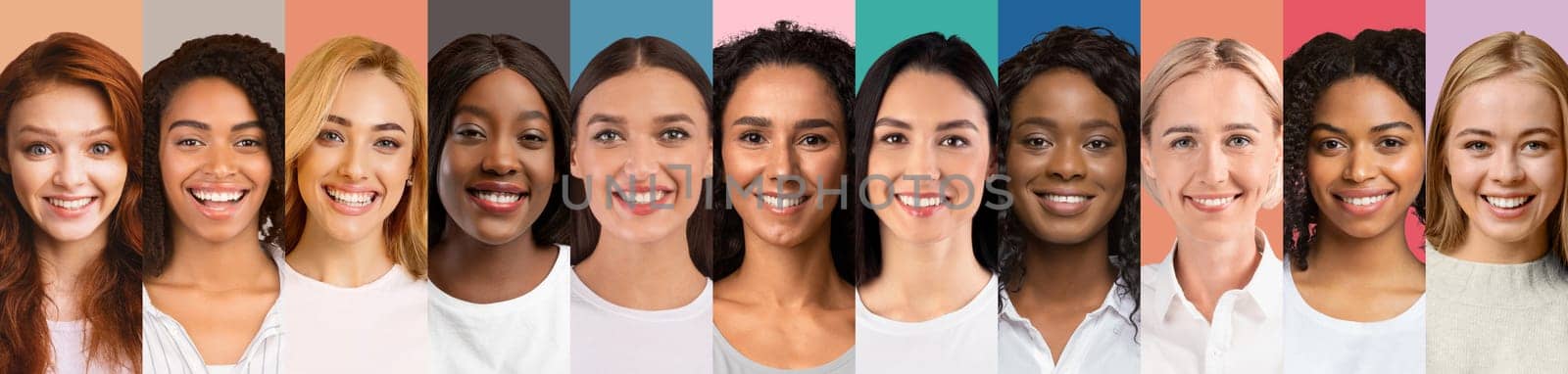 Cheerful women various nationalities and ages posing on colorful studio backgrounds, collage for feminine beauty concept, panorama. Attractive multiracial females smiling at camera, set of portraits