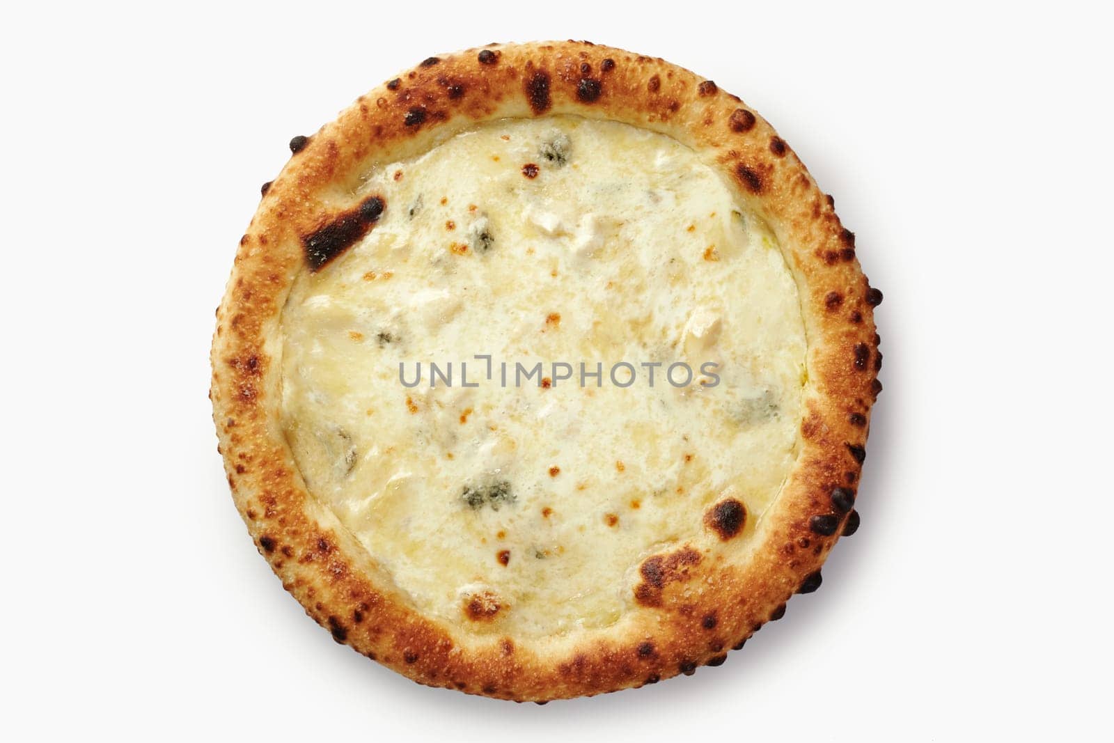 Delicious four cheese pizza baking on white background with blistered crust