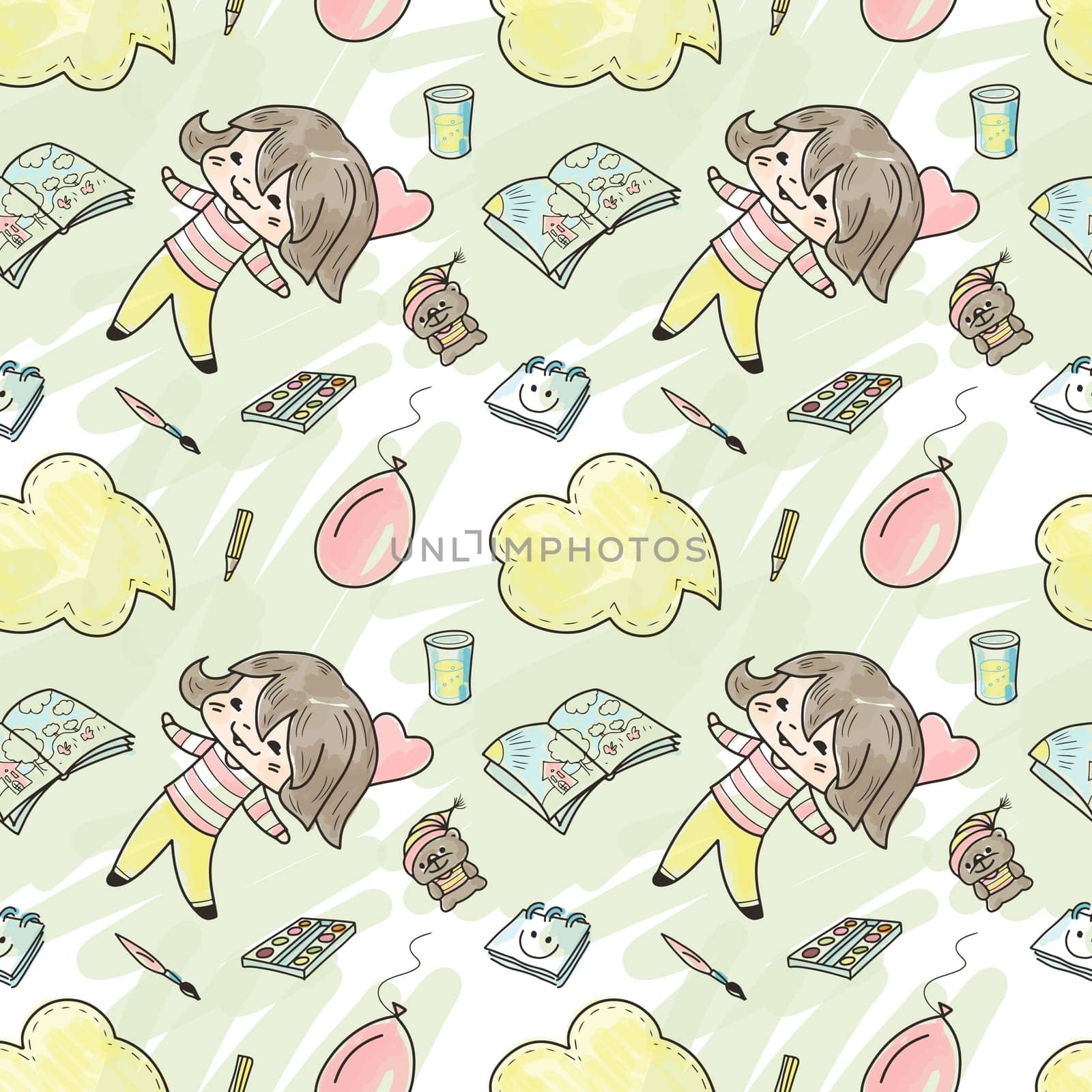 Seamless pattern - girls and different things