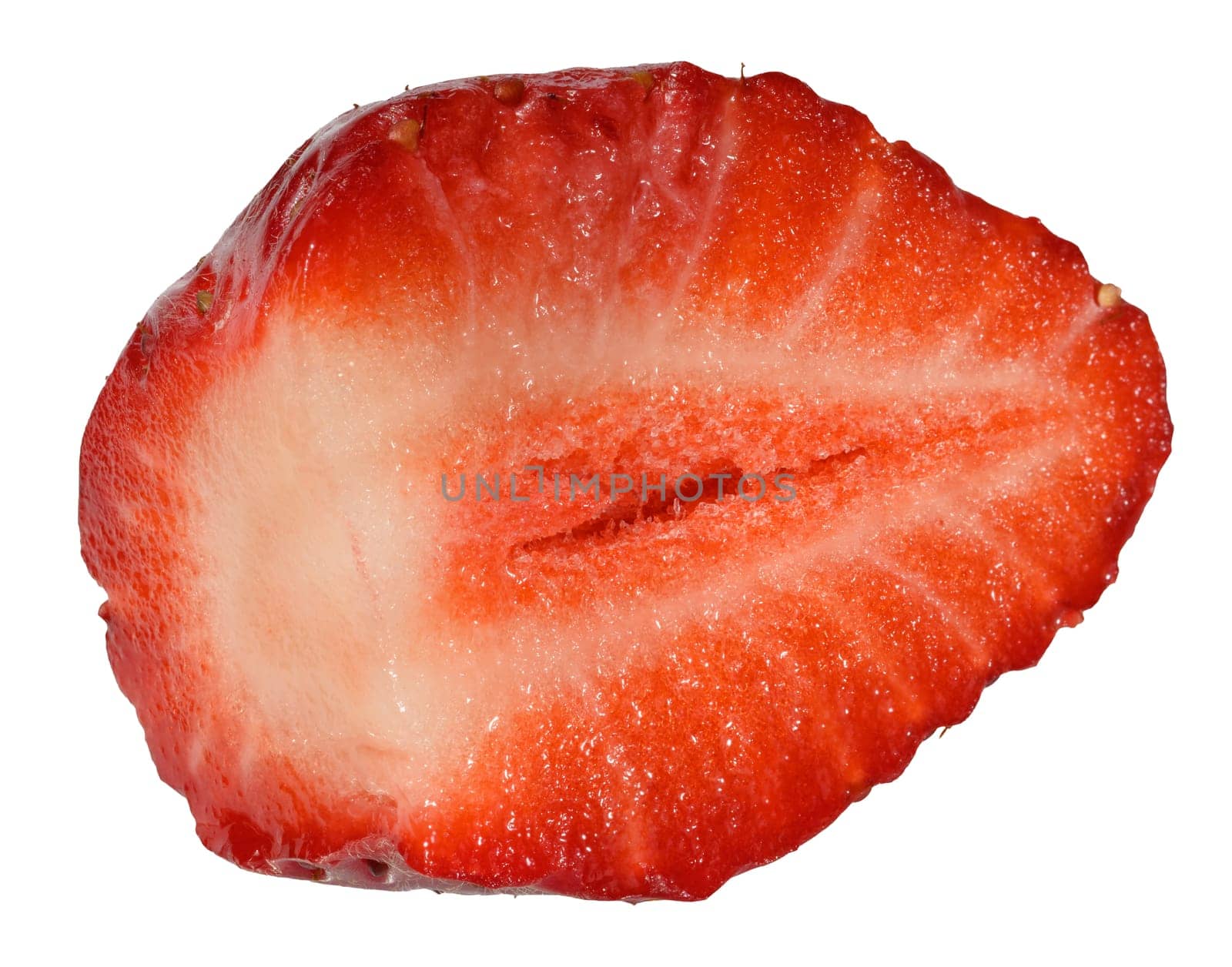 Red strawberry cut in half, revealing its vibrant interior and seeds, isolated background, close up