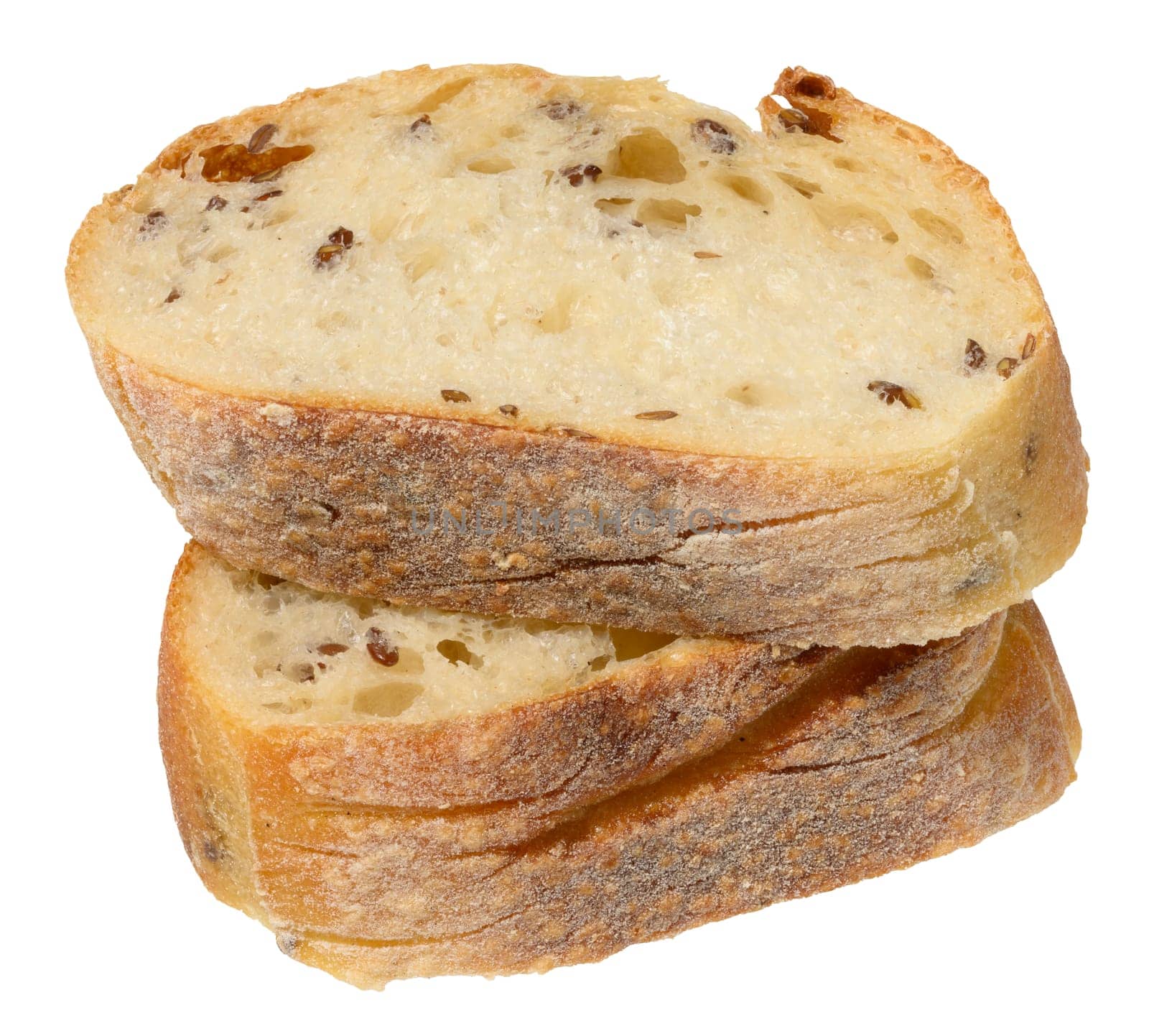 Two slices of rustic ciabatta bread with visible air pockets and scattered flax seeds, isolated background