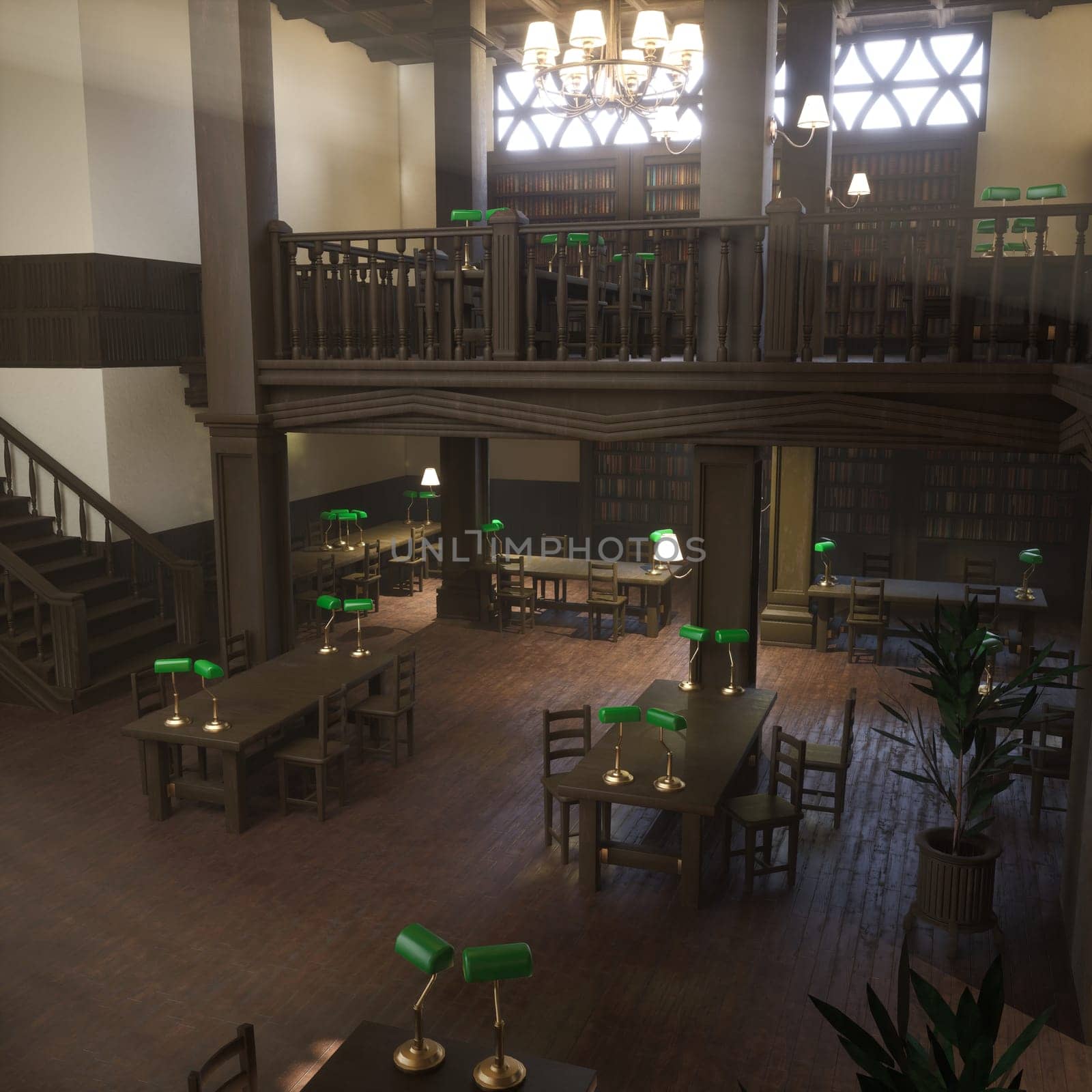 Traditional academic library with reading desks, green lamps and mezzanine with bookshelves. Formal study environment with ornate lighting, polished wood floors and books on shelves