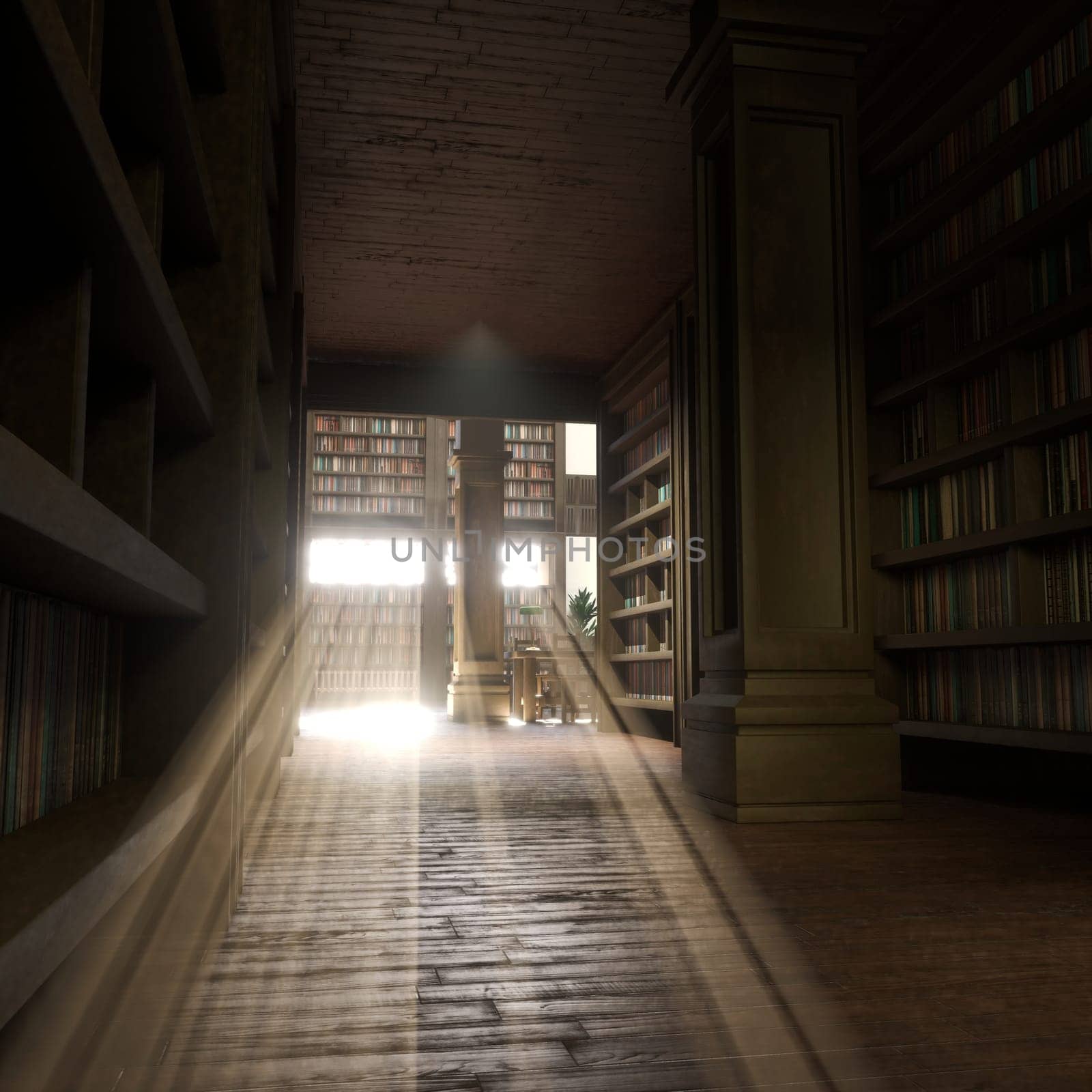 Narrow university library aisle with tall shelves, wooden flooring and bright sunlight shining through windows. Dark reading corner with empty desk creating calm space for studying