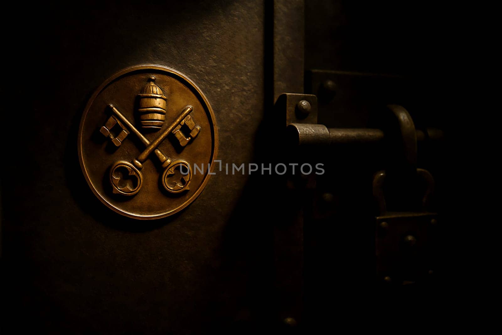 Bronze Vatican emblem with papal tiara and crossed keys engraved on a reinforced door, evoking secrecy, security and conclave tradition