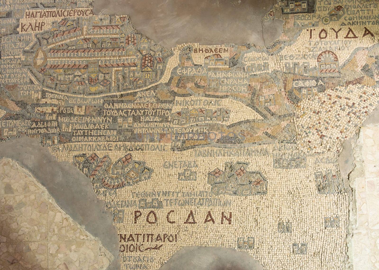 Madaba Mosaic map on floor of Saint George church is 5th Century cartographic map showing Jerusalem in top left