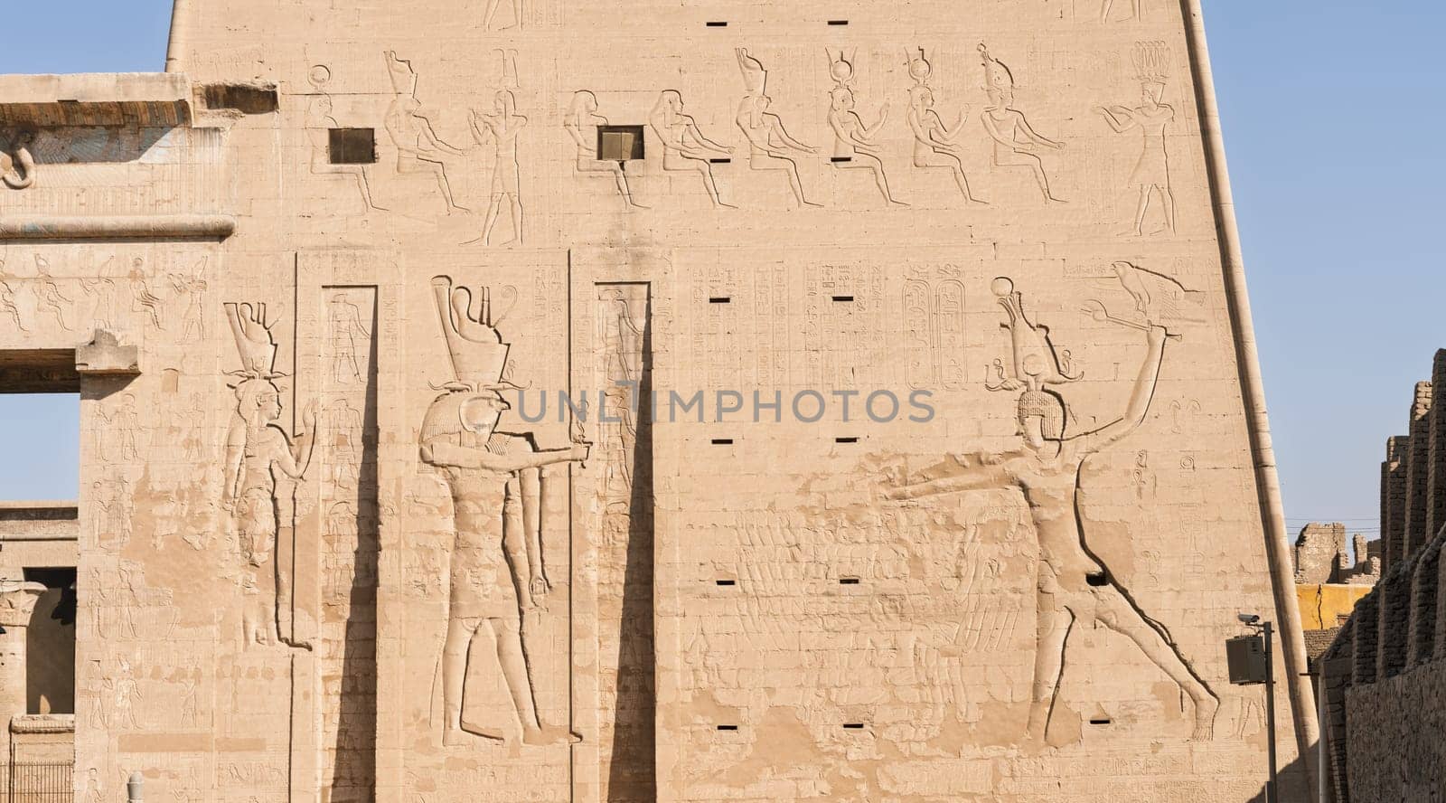 Detail of the carved images on the entrance of the massive temple in Edfu dedicated to Horus and Hathor